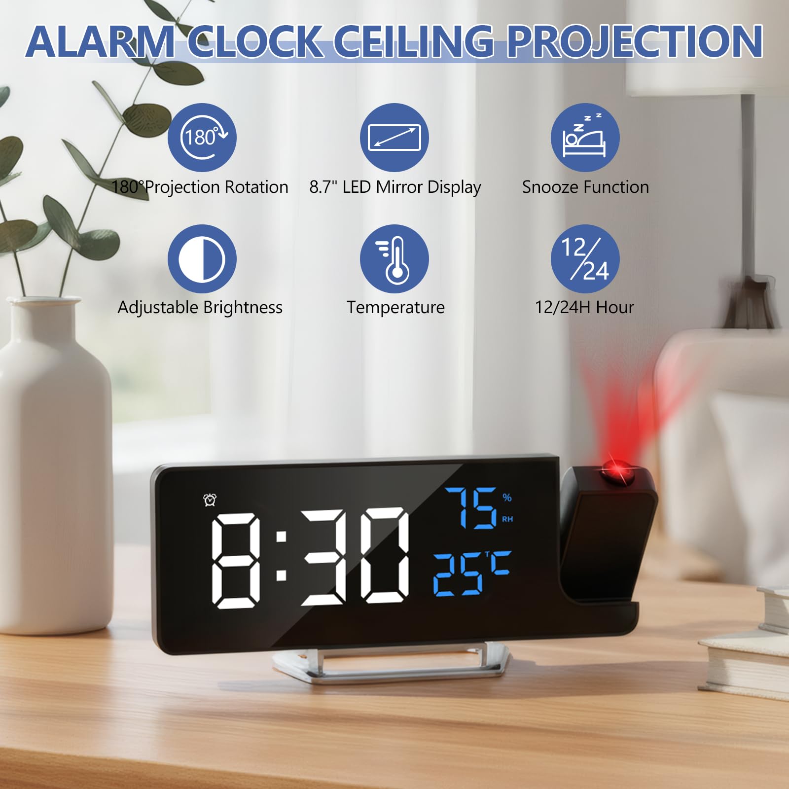 Cuteefun Reloj Despertador Digital con Proyector, Pantalla LED de 8", Temperatura y Humedad, Snooze, 12/24H, Brillo Ajustable, Reloj Proyector Techo para Dormitorio, Números de Azul