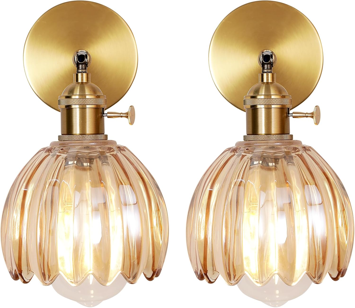 Vintage Wall Sconces with Amber Tulip Glass Lampshade for Bedside Bedroom Doorway, Adjustable Brass Sconces with Switch Hardwired 180° Rotatable, Retro Wall Lighting Fixture Indoor 4.7″, Set of 2