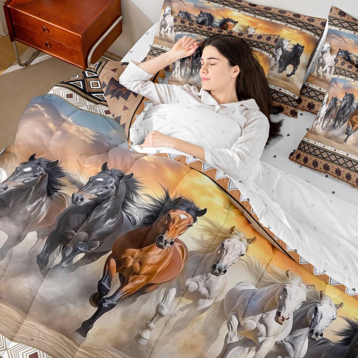 Feelyou Brown Horse Comforter Set with Sheets Queen Size Kids Galloping Horse Bed in a Bag for Boys Girls Teens Wild Western Southwestern Aztec Rustic Farmhouse 7 Pieces Bedding Set Soft Room Decor