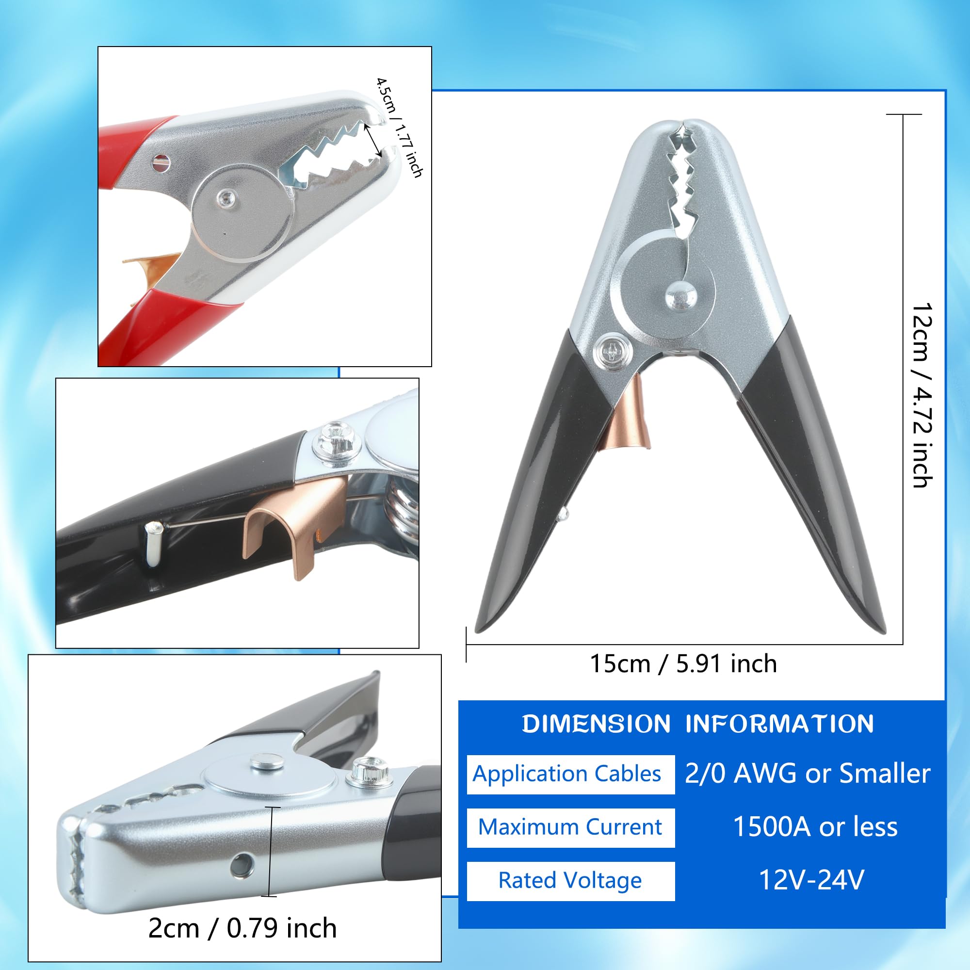 Lot de 3 pinces de câble de démarrage de batterie robustes de 15,2 cm 1100 A - Câble de démarrage isolé pour perroquet - Kit de connecteur de charge de batterie pour voiture - Extrémités de câble de