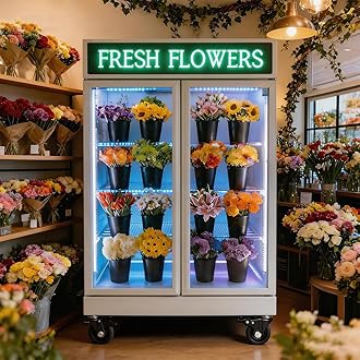 Commercial Flower Refrigerator Floral Display Cooler,White 2 Glass Doors Fridge With LED Light Adjustable Shelves,ETLSanitation Approval,42.5Cu Ft,47.2" Wide, Wheels Included
