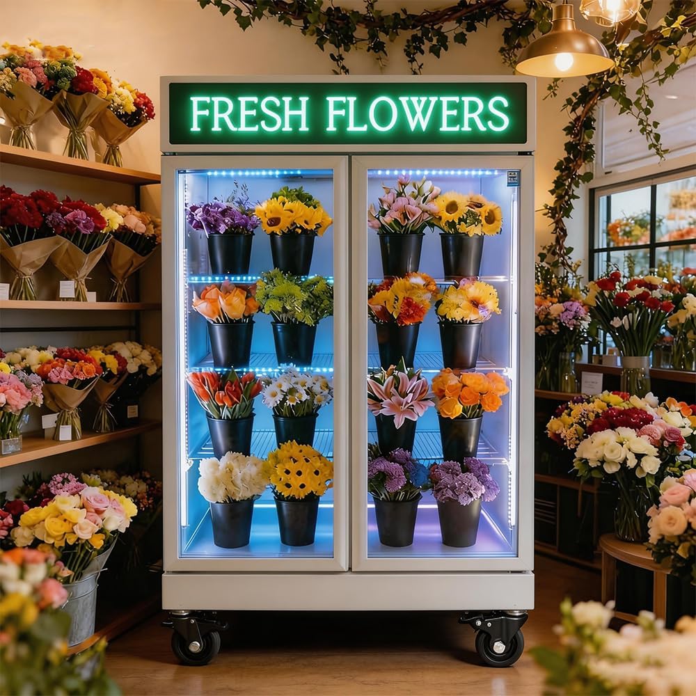 Commercial Flower Refrigerator Floral Display Cooler,White 2 Glass Doors Fridge With LED Light Adjustable Shelves,ETLSanitation Approval,42.5Cu Ft,47.2" Wide, Wheels Included