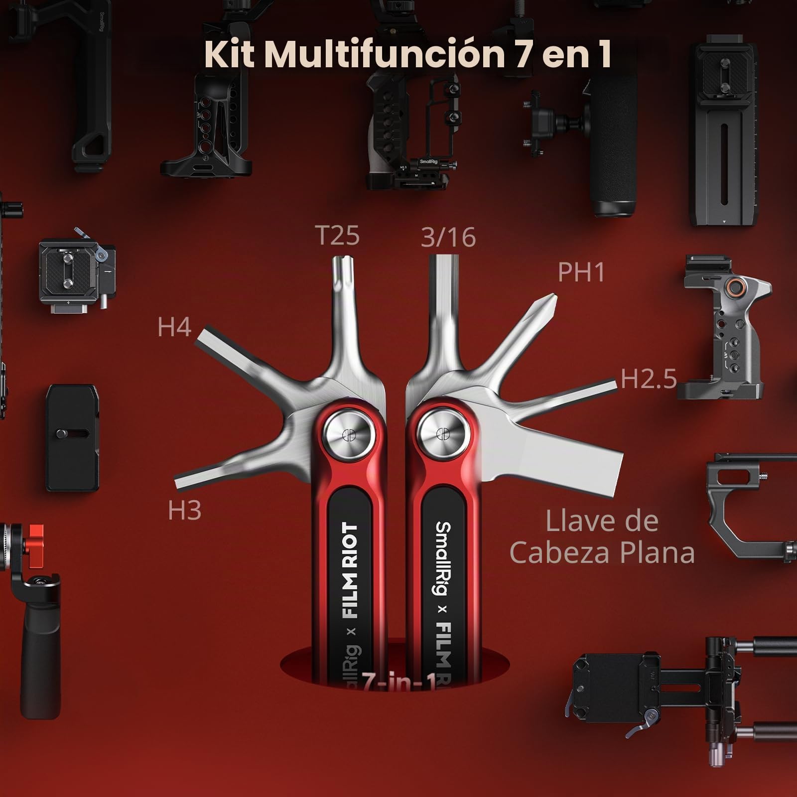 SMALLRIG x FILM RIOT Juego de Herramientas Plegables 7 en 1 con Destornilladores y Llaves Hexagonales, Posicionamiento en Múltiples ángulos, Diseño Portátil y Compacto (Rojo) - 4811