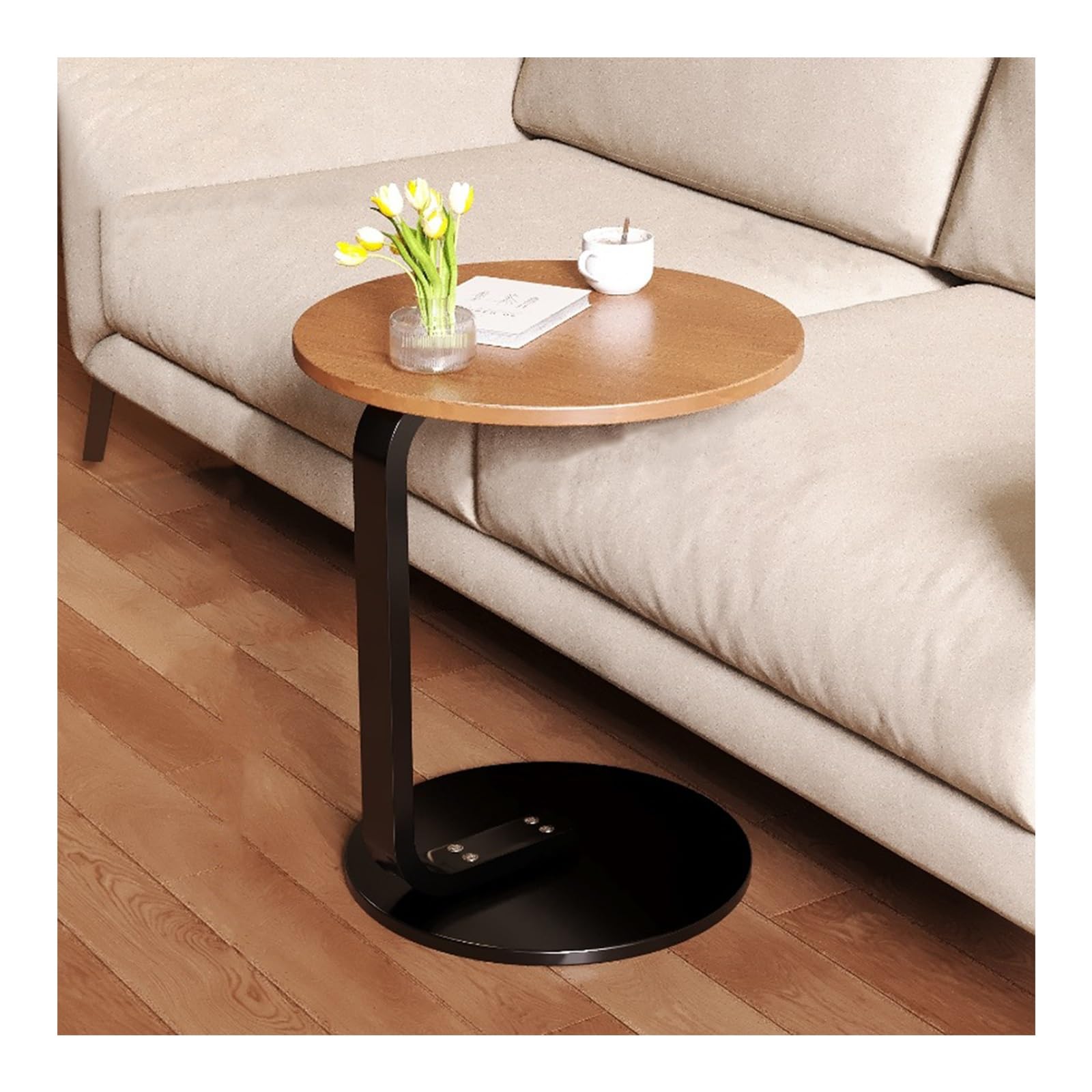 Mesa auxiliar en forma de C de madera y metal de 50x50x60 cm para sofa y salon