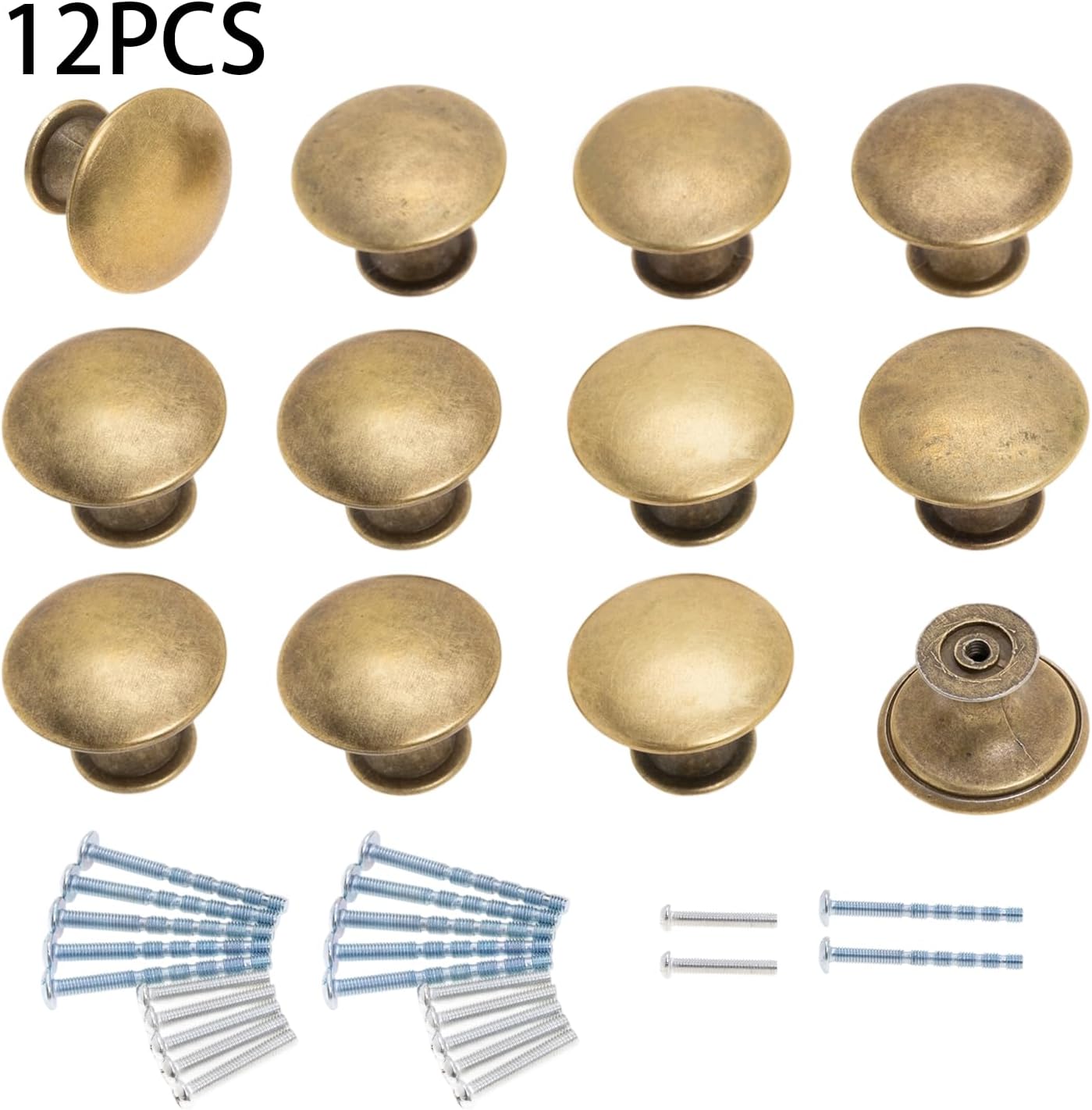 12Pcs Antique Brass Round Cabinet Knobs with Screws, Vintage Kitchen Cupboard Door Knobs, Drawer Handle Pulls Dresser Knob for Dresser, Cupboard, Bathroom