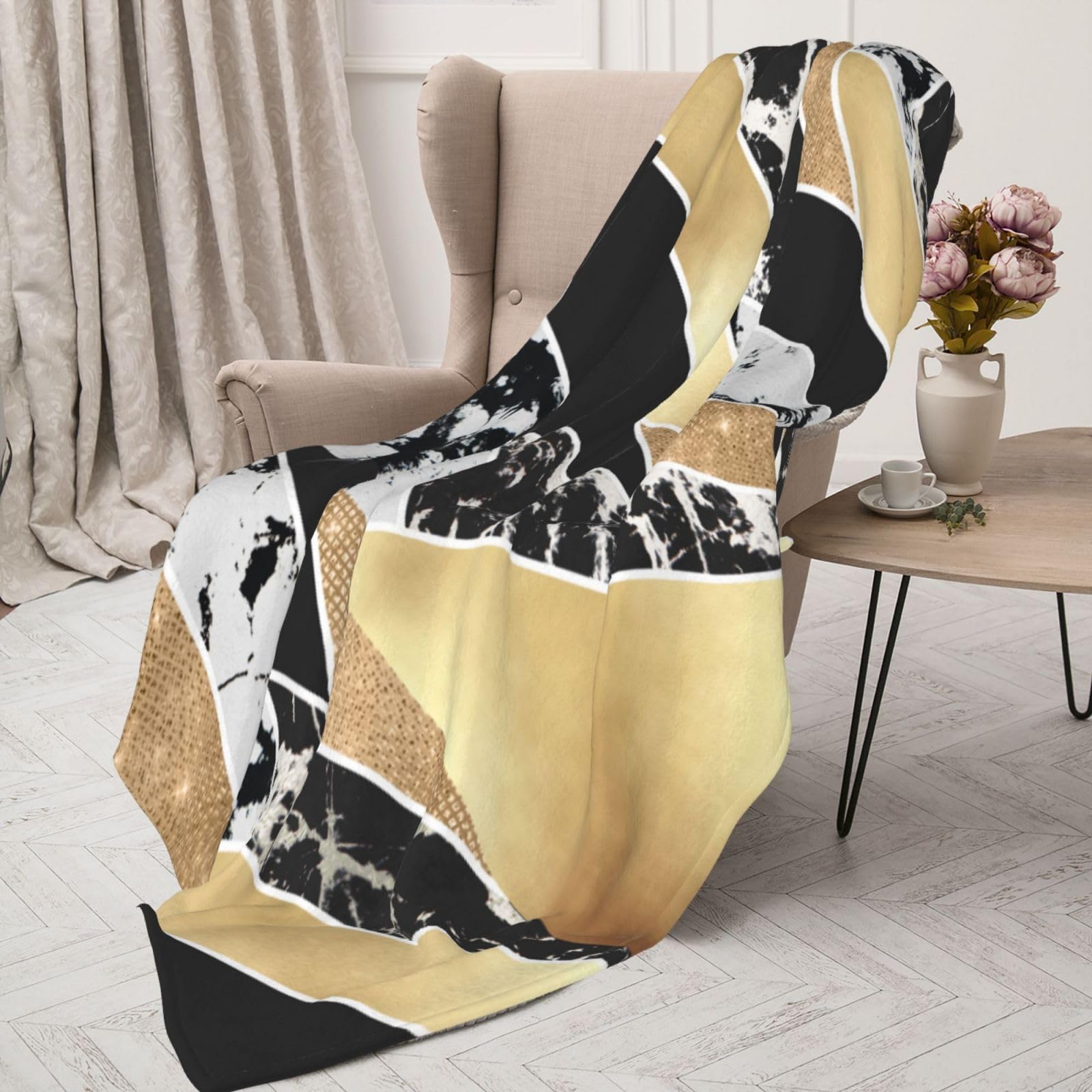 Moderne geometrische Kunst aus Gold, Schwarz und Weiß mit Glitzer Kuscheldecke, warme Flanell-Fleece-Plüsch-Überwurfdecke als Bettdecke/Bettlaken, 152 x 203 cm