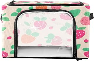 Contenedor de almacenamiento plegable dibujado a mano, color rosa fresa, resistente, contenedor de almacenamiento debajo de la cama con ventana transparente y asa