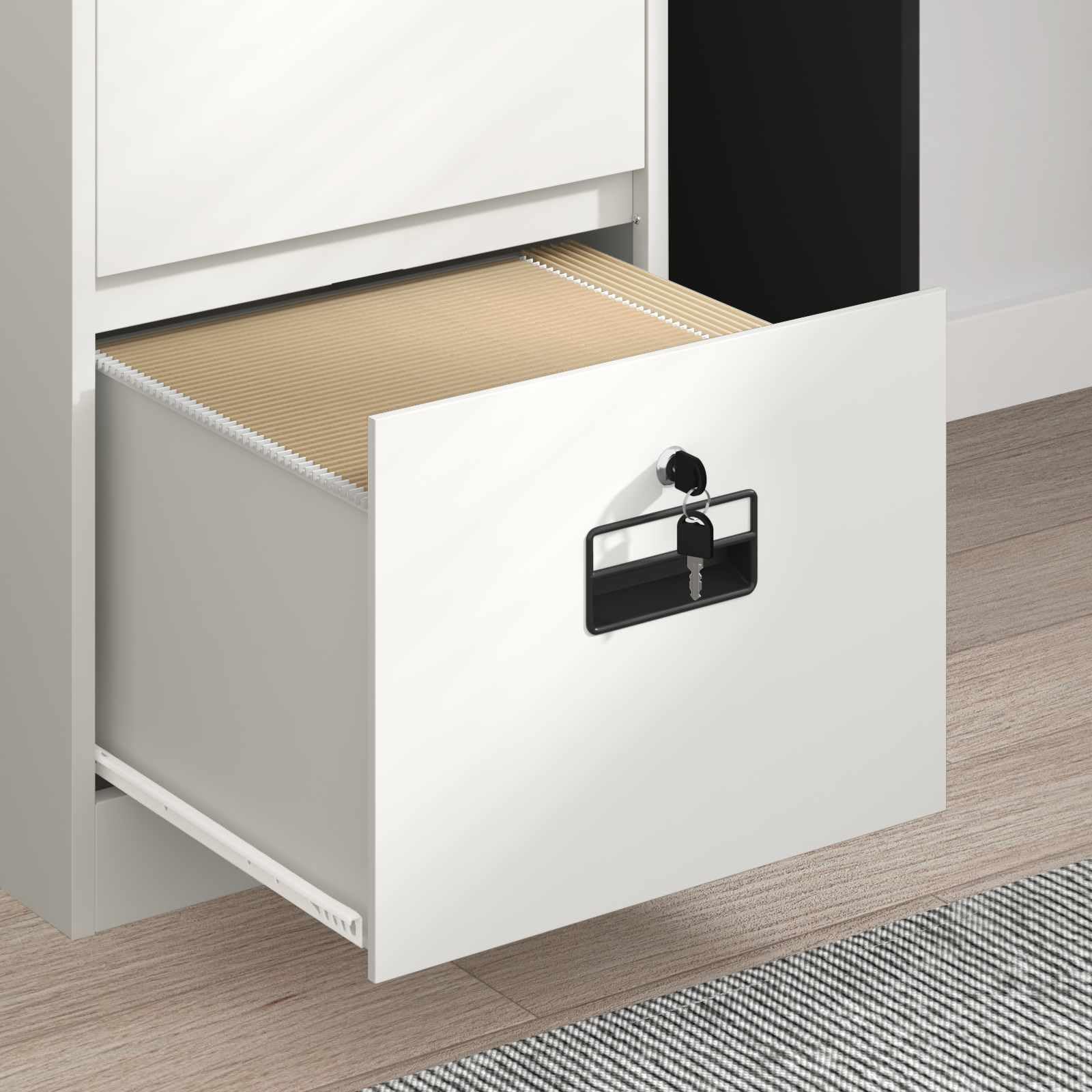 Aktenschrank Weiß, Rollcontainer aus Metall 45,5x42x74,5cm, Büroschrank mit 2 Schubladen, Abschließbarer Beistellschrank aus Kaltstahl für Dokumente und Büroorganisation