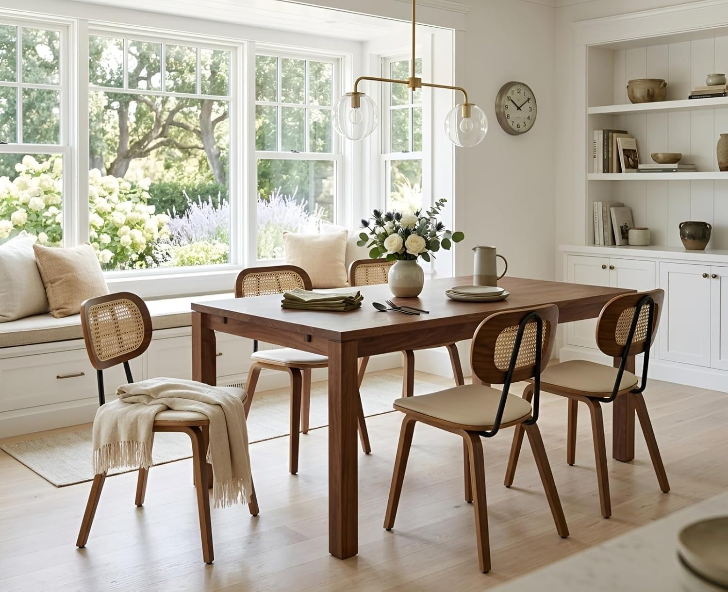 Ya-Home Juego de 2 Sillas de Comedor Marco de Madera, Madera Natural | Silla de Cocina,Respaldo de Ratán, Patas Madera Ajustable, Asiento Tapizado de PU Cuero, para Hogar/Restaurante