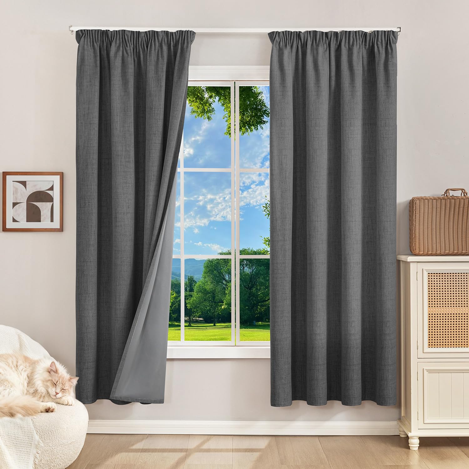 Runyéla 100% Blackout Curtains Pencil Pleat Linen Curtain for Bedroom Living Room Thermal Insulated 52 x 63 Inch Drop 2 Panels Gray