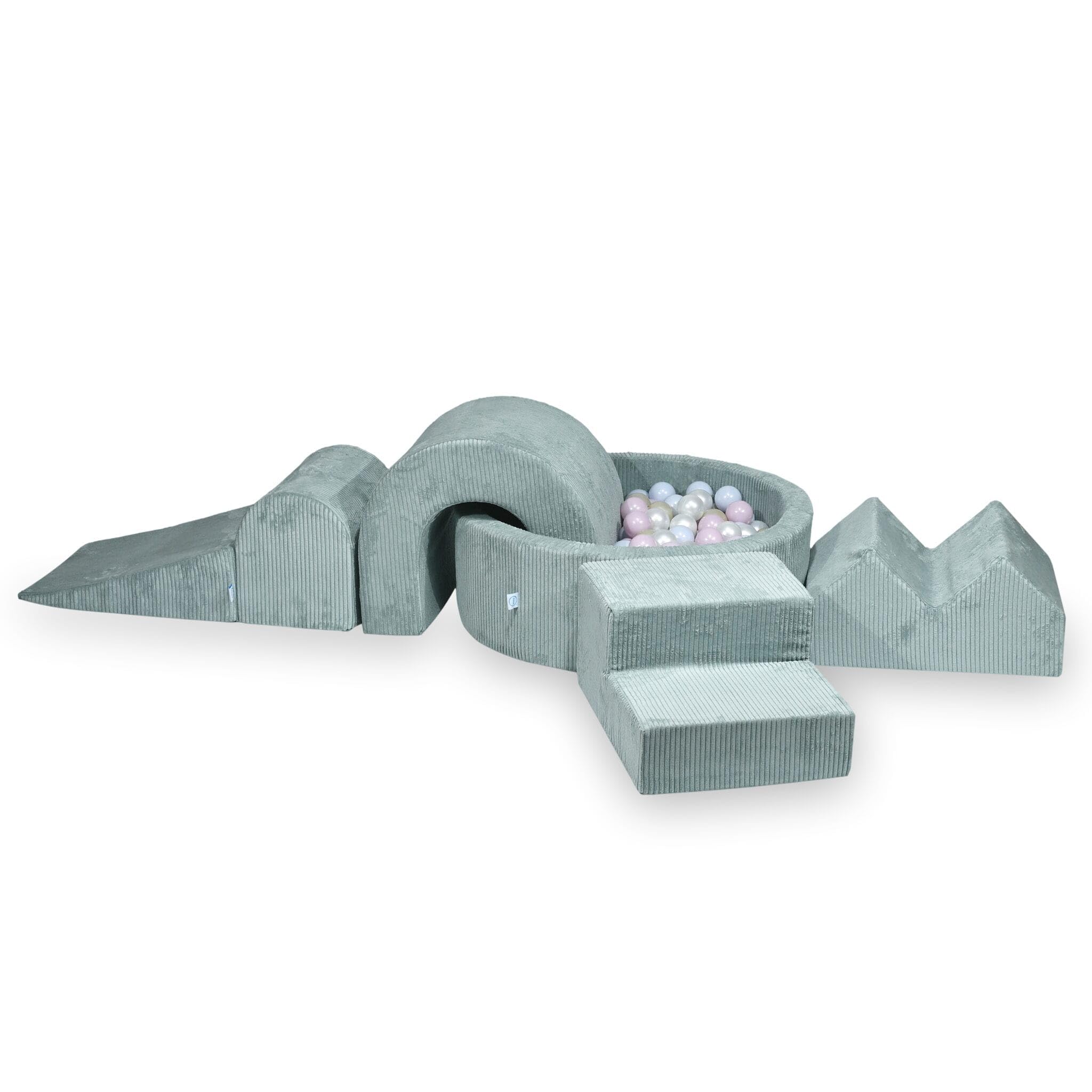 Mimii Parco giochi in gommapiuma con piscina di palline rotonda, 90 x 30 cm, corduroy, menta chiaro, 5 elementi, giocattolo da arrampicata, per bambini e neonati, con 200 palline: perla/oro chiaro