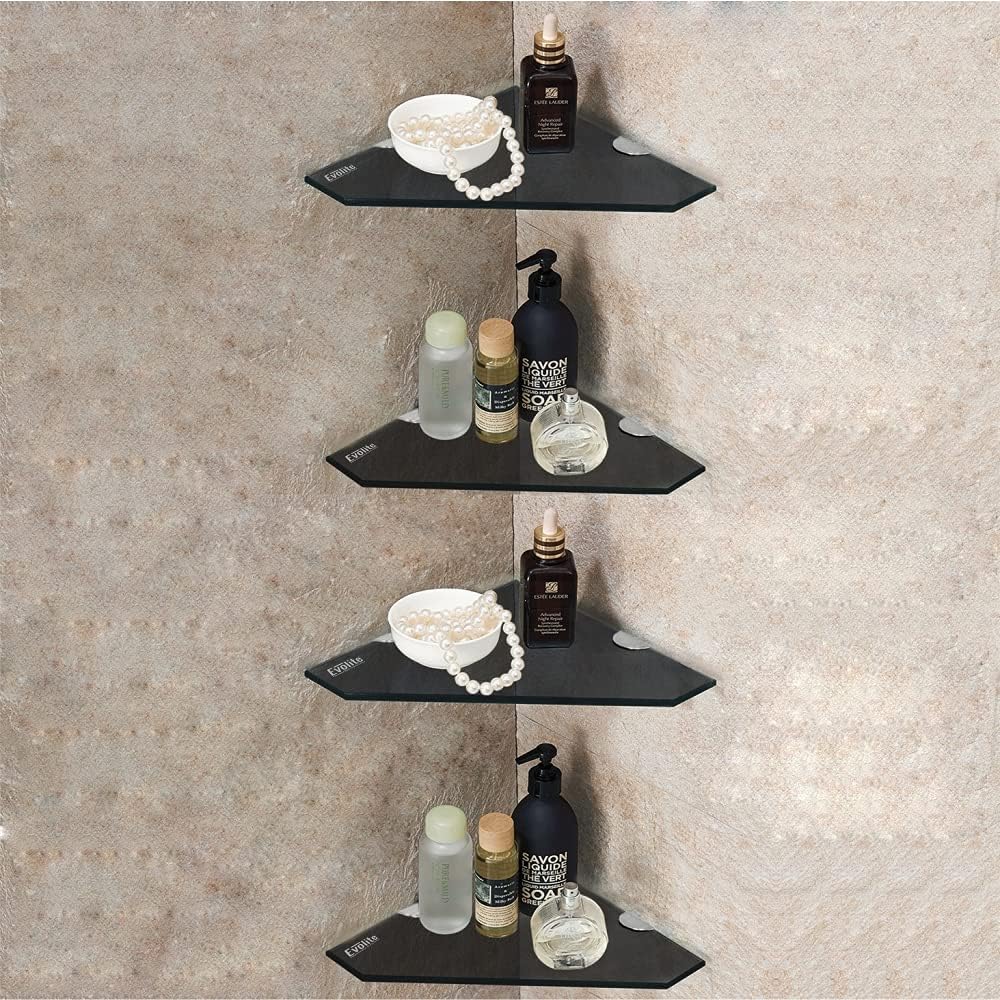 Evolite Premium Black Glass Shelf Corner for Bathroom Kitchen and Wall Mount Storage Accessories with for Home Decor - 8mm Tempered Glass for Diamond Shelf (12 x 12 inch)(Pack of 4)