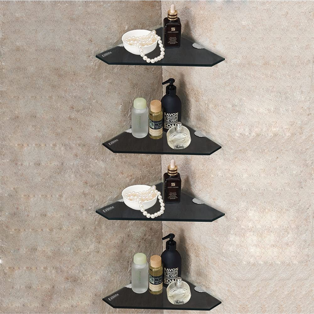 Evolite Premium Black Glass Shelf Corner for Bathroom Kitchen and Wall Mount Storage Accessories with for Home Decor - 8mm Tempered Glass for Diamond Shelf (12 x 12 inch)(Pack of 4)