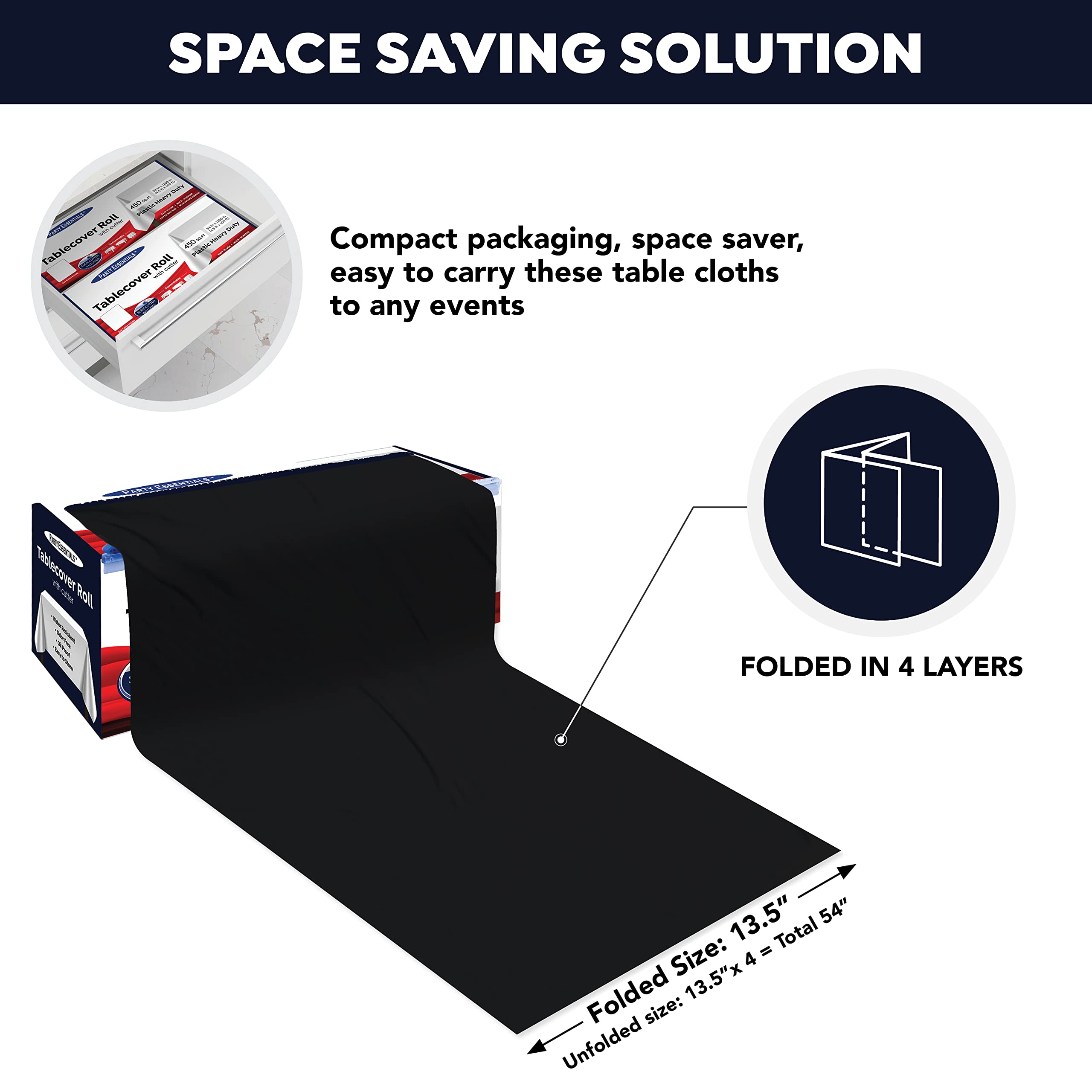 Party Essentials Heavy Duty Plastic Banquet Table Roll Available in 27 Colors, 54" x 100' with Slide Cutter, Black - Image 4
