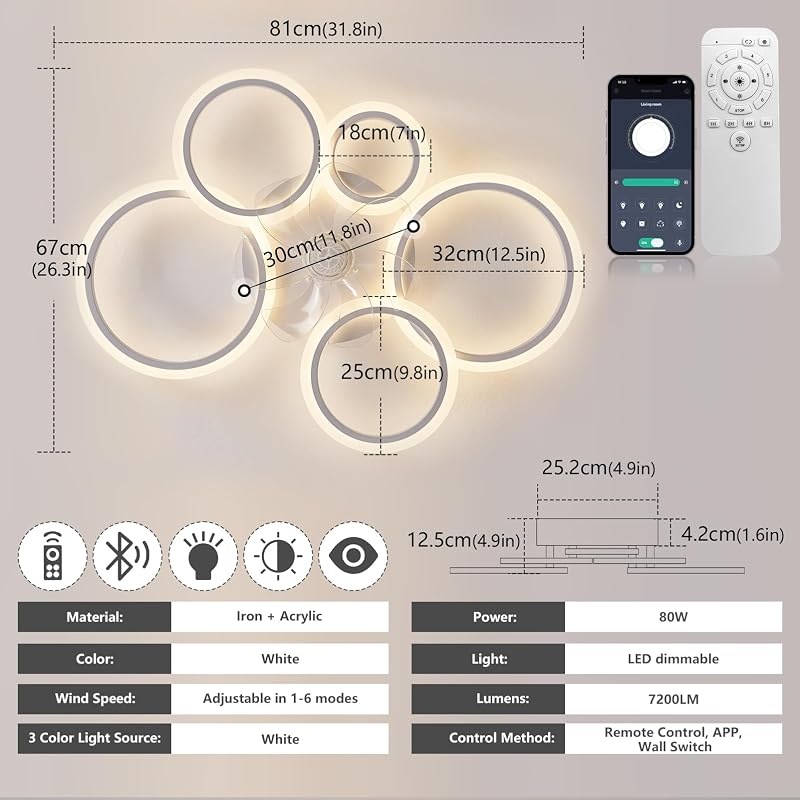 SUCIKORIO LED Mennyezeti Ventilátor Világítással - Csendes, Távirányítós, 3 Színhőmérséklet, 6 Sebesség, App Vezérlés, Nappali, Háló