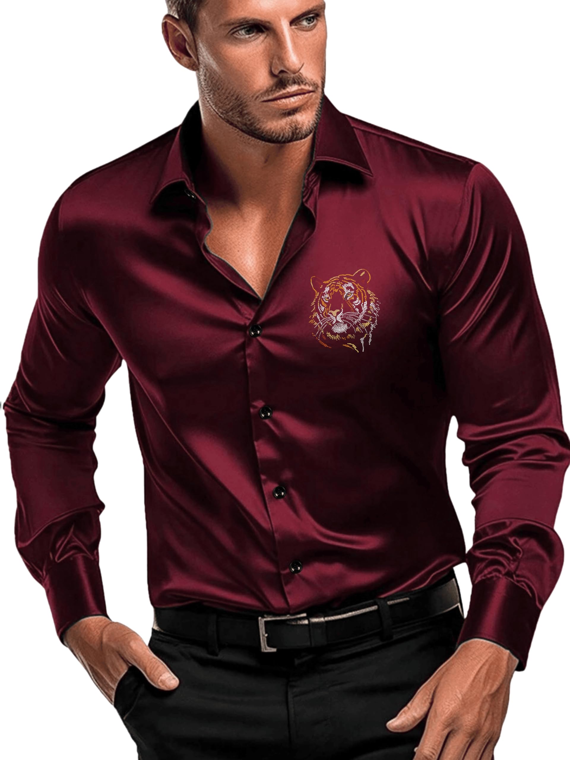 indoprimo Men's Satin Shirt with Spread Collar Neck Line Solid Pattern Full Sleeves Regular Fit Western Style and Standard Length-picture-50
