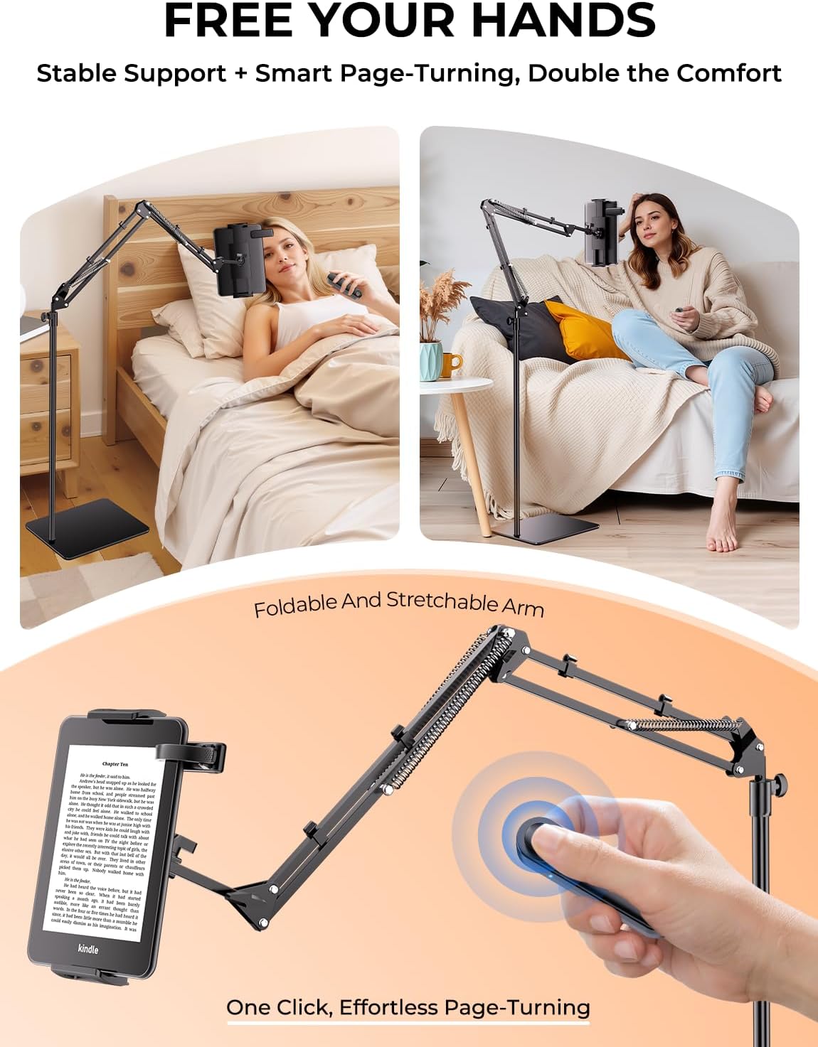 Tryone Tablet Floor Stand for Kindle Holder: E-Book Bed Mount with Page Turner Remote & Flexible Adjustable Arm, 1.85 kg Heavy-Duty Metal Base Compatible with Devices from 4.7-16.1 inches (Black)