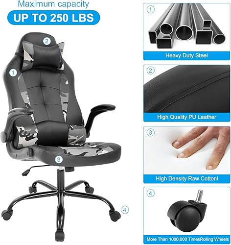 Miniatura 6 de Meet Perfect Silla ergonómica de escritorio de oficina para videojuegos, computadora de cuero con soporte lumbar y almohada para la cabeza, moderna