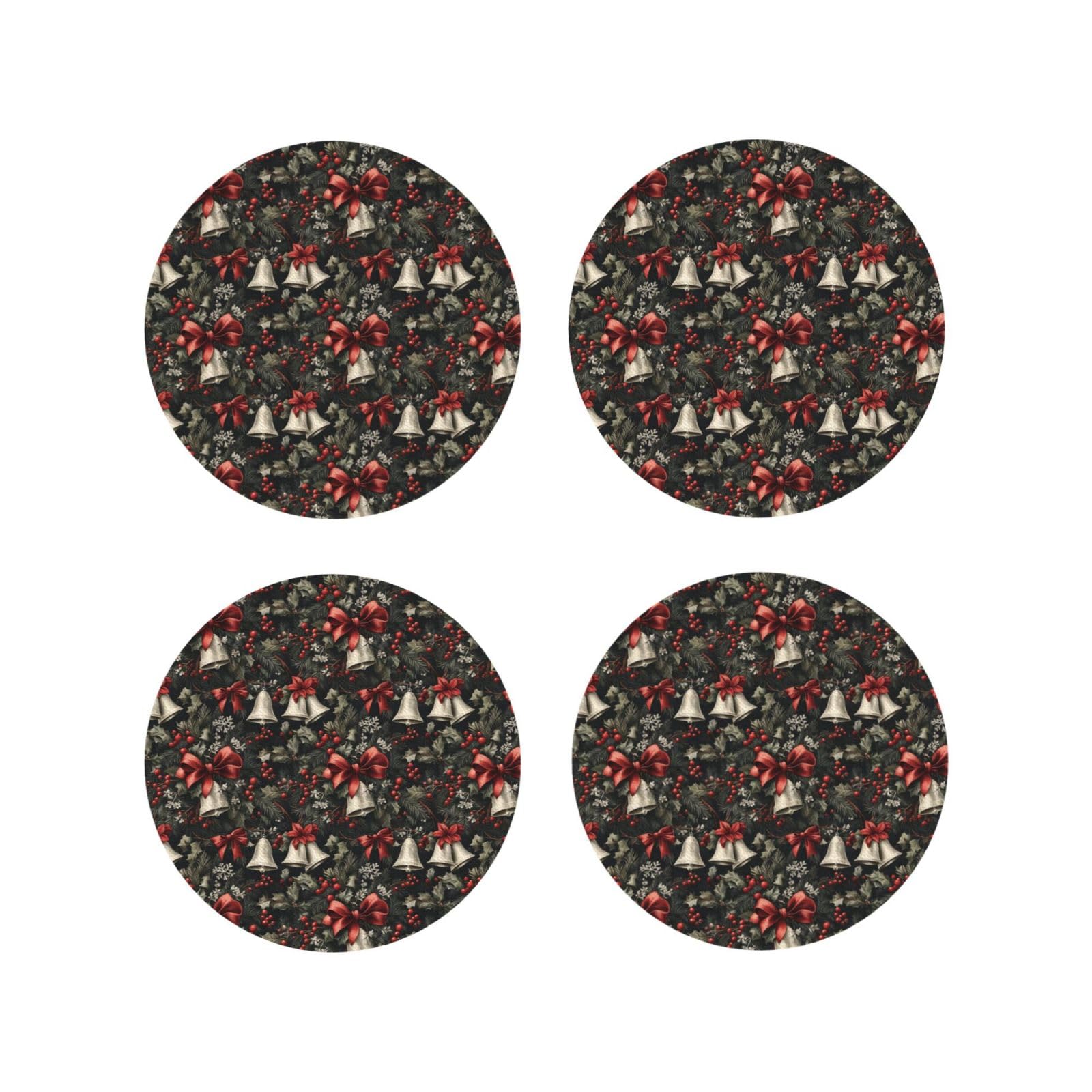 Smazdfxx Women's As Pic Leather Coasters Set Of 4 - Christmas Bell Print Lightweight Drink Coasters For Desk