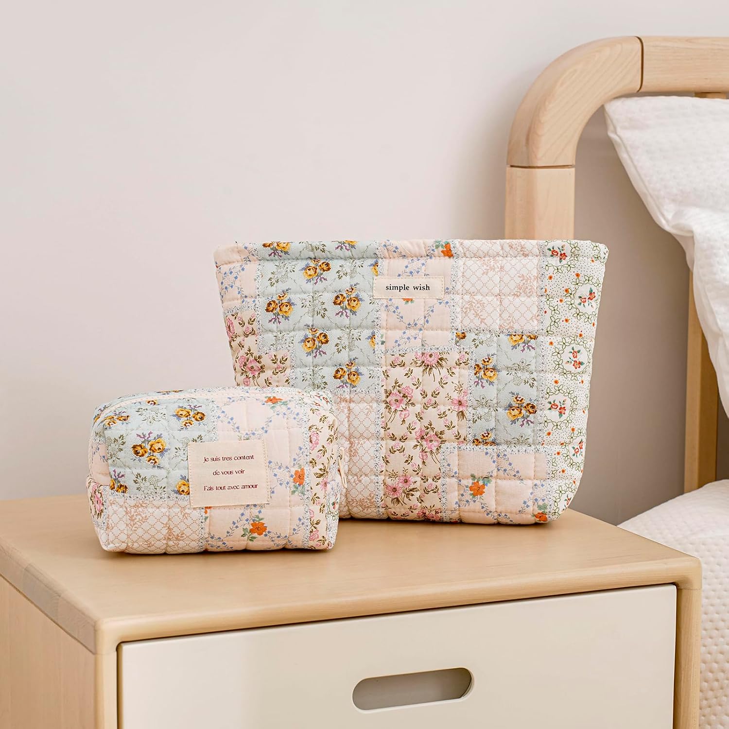 uekeboag 2Pcs Cute Quilted Cotton Makeup Bag, Coquette Quilted Aesthetic Cosmetic Zipper Pouch for Women and Girls,Kawaii Travel Toiletry Bag(01Pink Flower) - Image 4