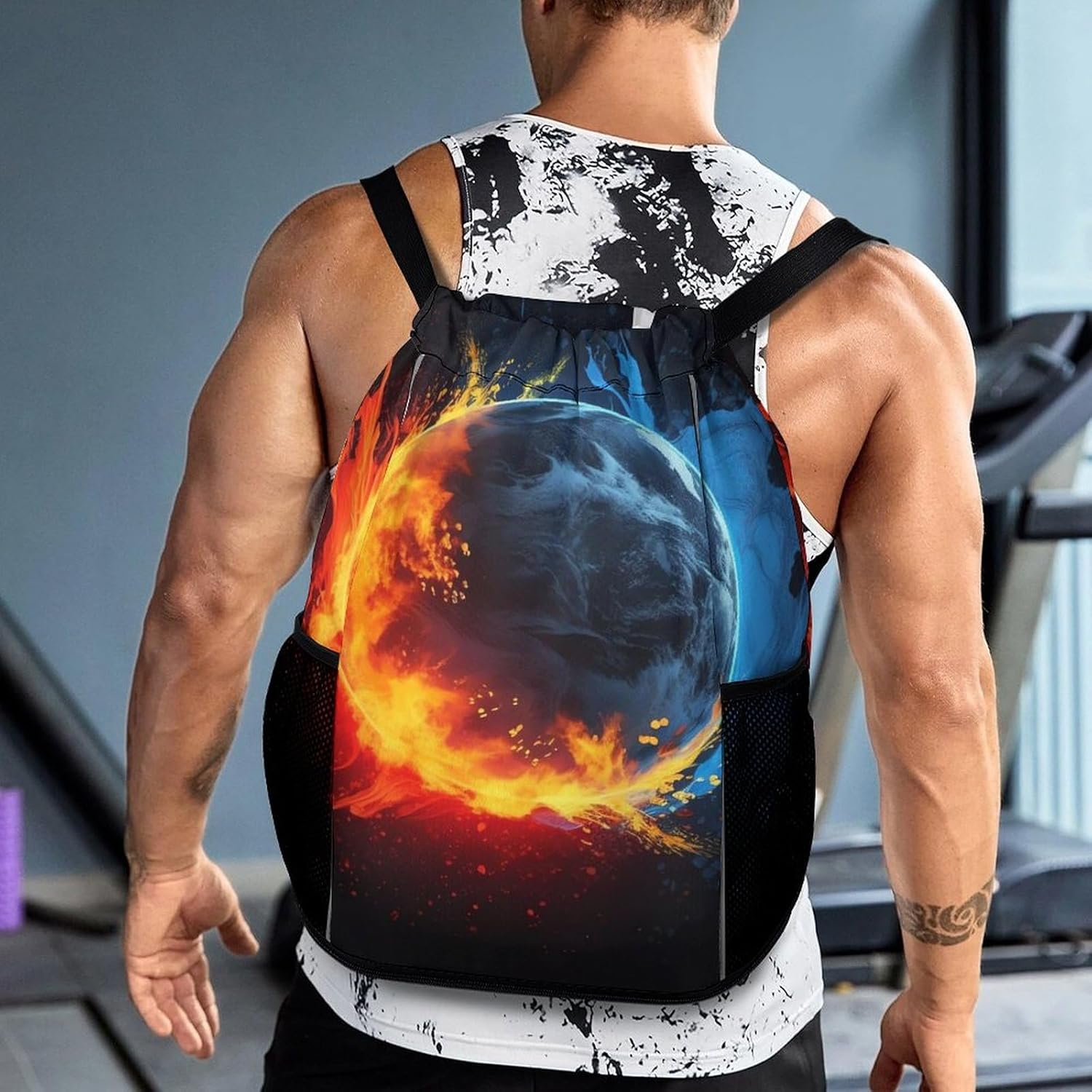 Small Gym Bag Pucks And Fire Printed Drawstring Gym Bag for Men Lightweight Waterproof Drawstring Backpack for Women with Shoe Compartment for Travel Tourism Work And Fitness