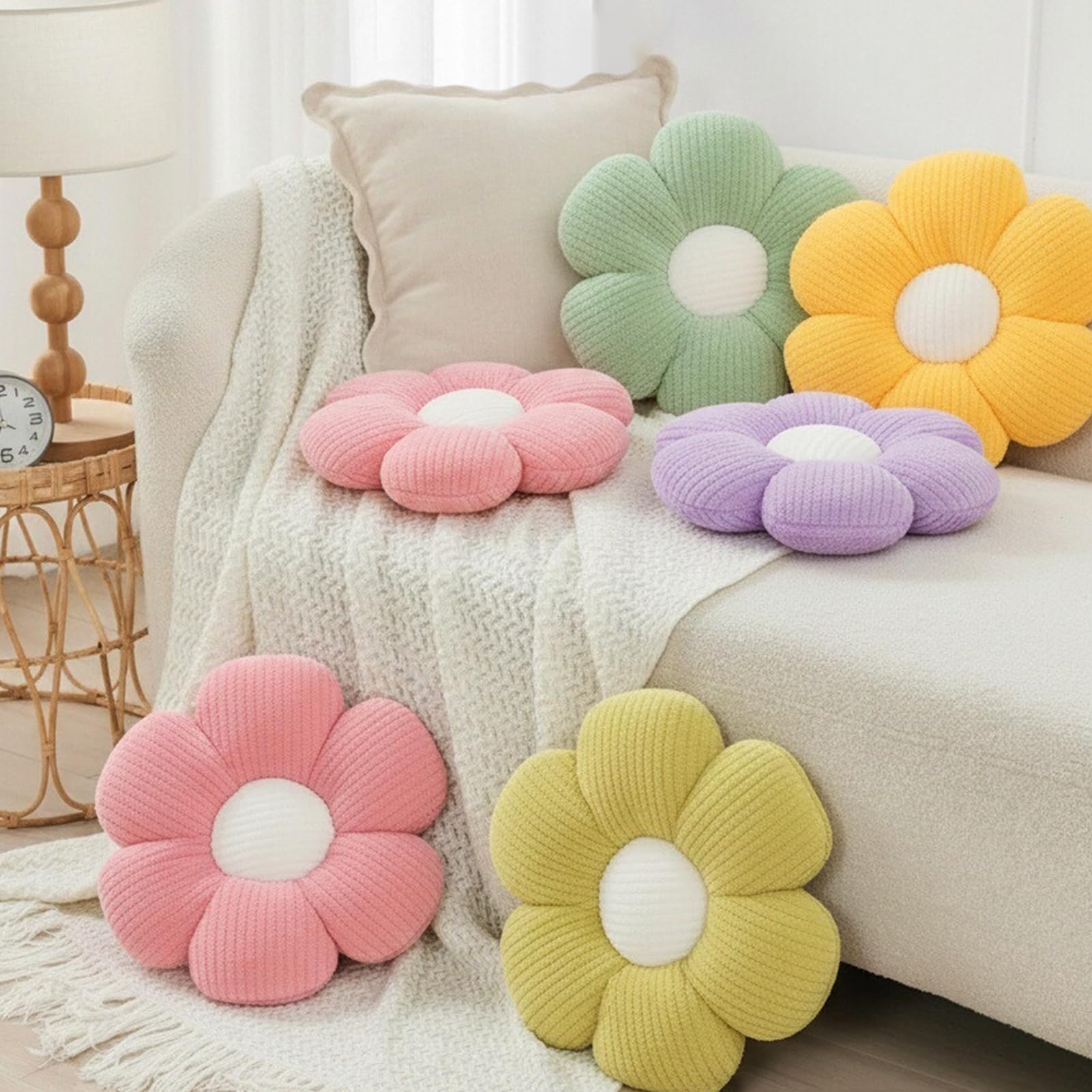 2 cuscini a forma di fiore, morbidi cuscini da pavimento per divano, soggiorno, camera da letto, decorazione per la stanza delle ragazze, bianco e rosa