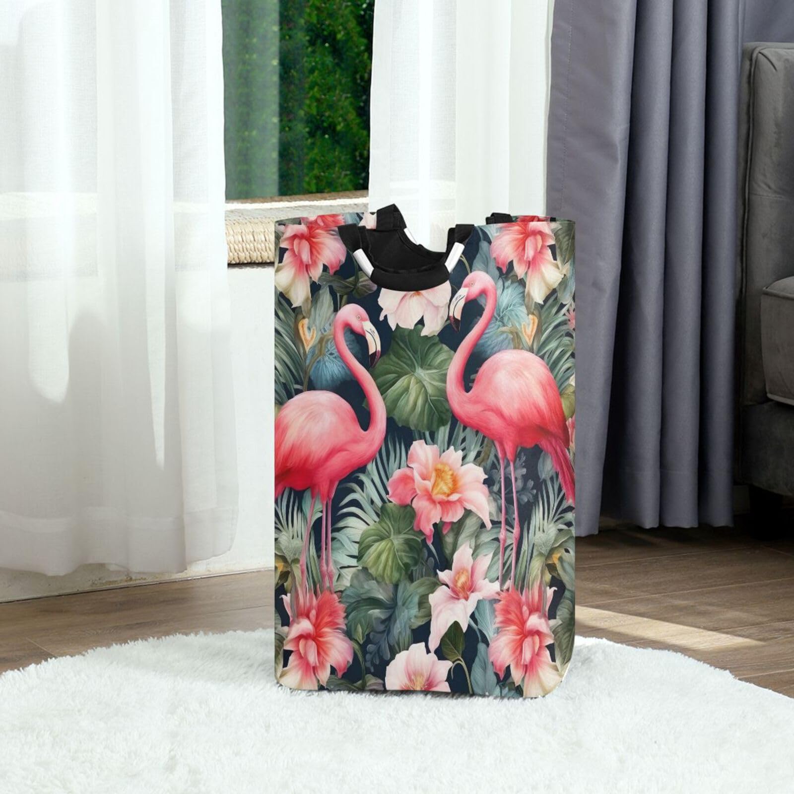 Jihqo Laundry Hamper Basket Tropical Flamingos Collapsible Nursery Storage Bin Waterproof Clothing Baskets for Home Bedroom Bathroom Washing Room