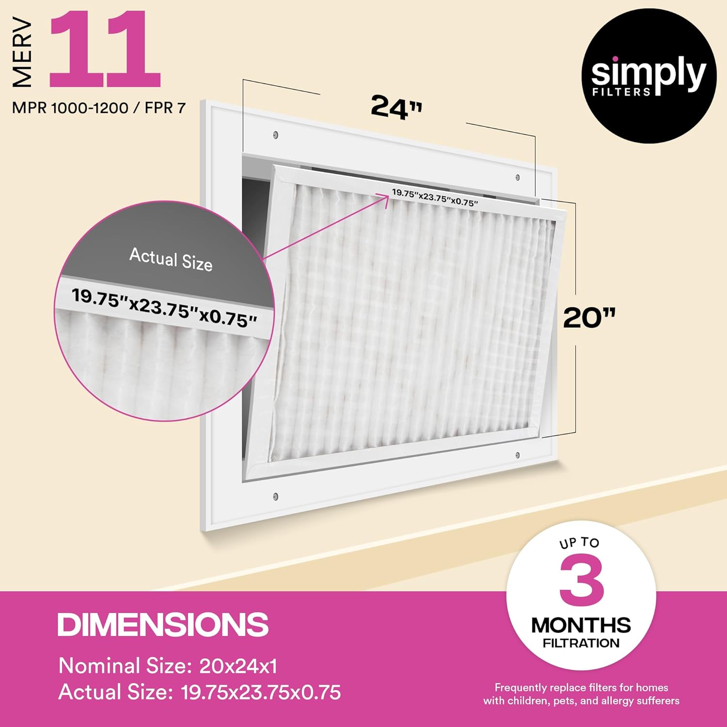 Simply 20x24x1 Air Filter, Merv 11, 6 Pack, For Home AC Furnace & HVAC (Actual Size: 19.75"x23.75"x0.75") DUST, Pet, & Allergy Control