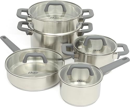 Oster Beauford - Juego de utensilios de cocina de acero inoxidable de 5 capas con base encapsulada, no tóxico, compatible con inducción, con asas