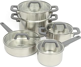 Oster Beauford 9-Piece Stainless Steel 5-Ply Encapsulated Base Cookware Set – Non-Toxic, Induction Compatible Pots and Pans with Stay-Cool Handles – Dishwasher Safe