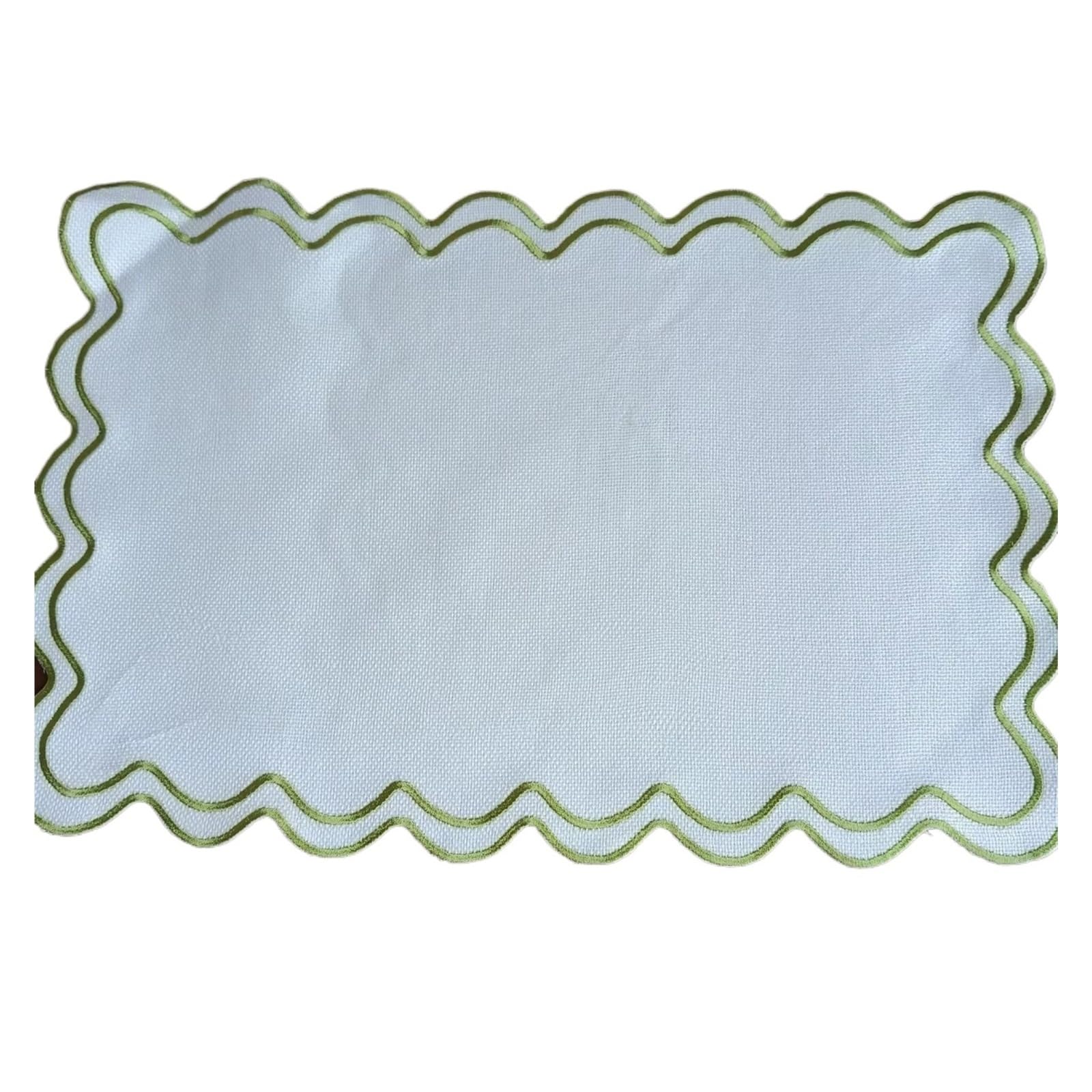 placemats Cotton Linen Placemats, 13x19 Inch Scalloped Wavy Embroidery Placemat Washable Rustic Rectangle Dinner Table Mats For Kitchen for home(Green,STRIP_4PCS)