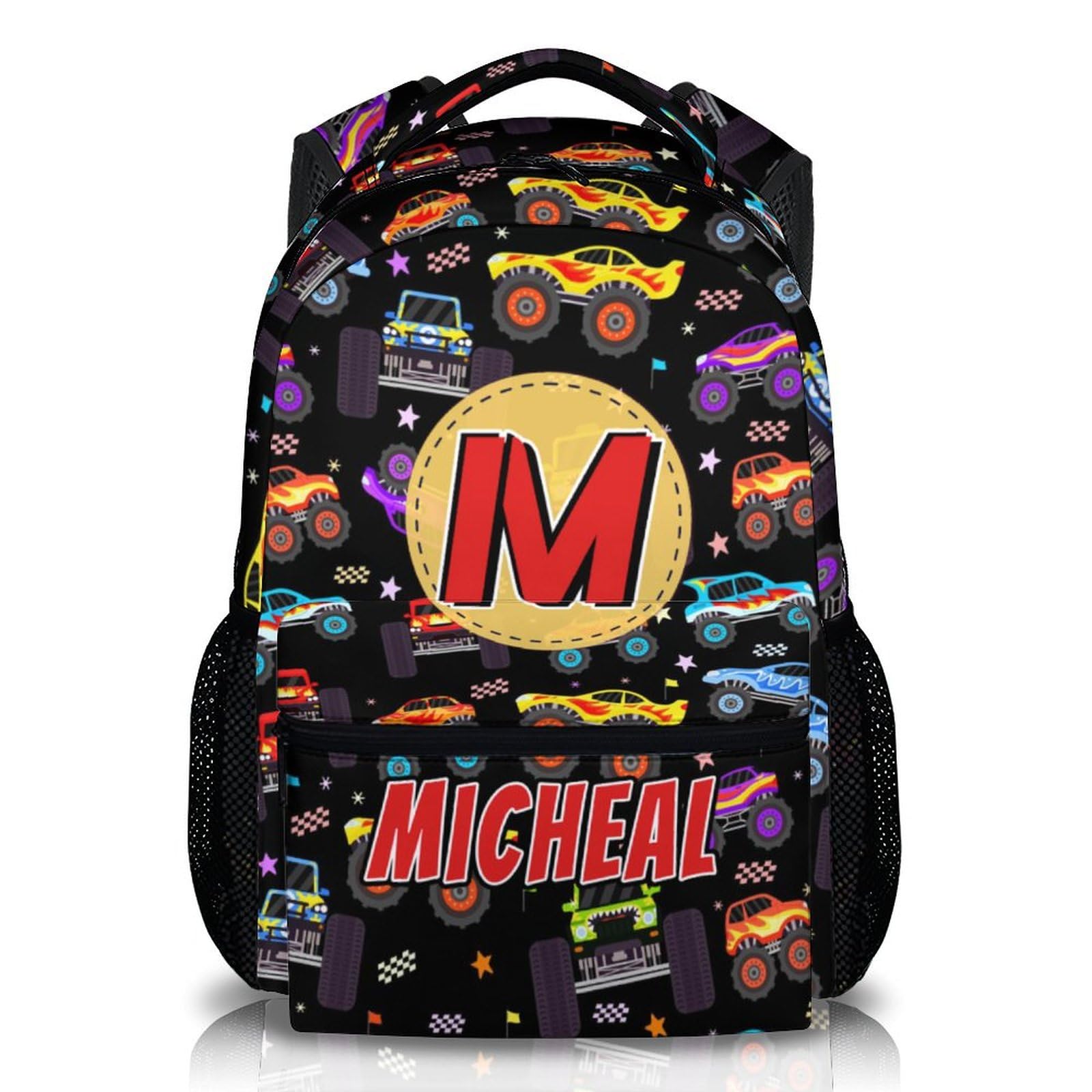 PAKKITOP Truck Backpack for Kids Boys, Personalized Car Backpacks with Initial Monogram, 17" Large Capacity Bookbag for Children Toddler Boy, Custom