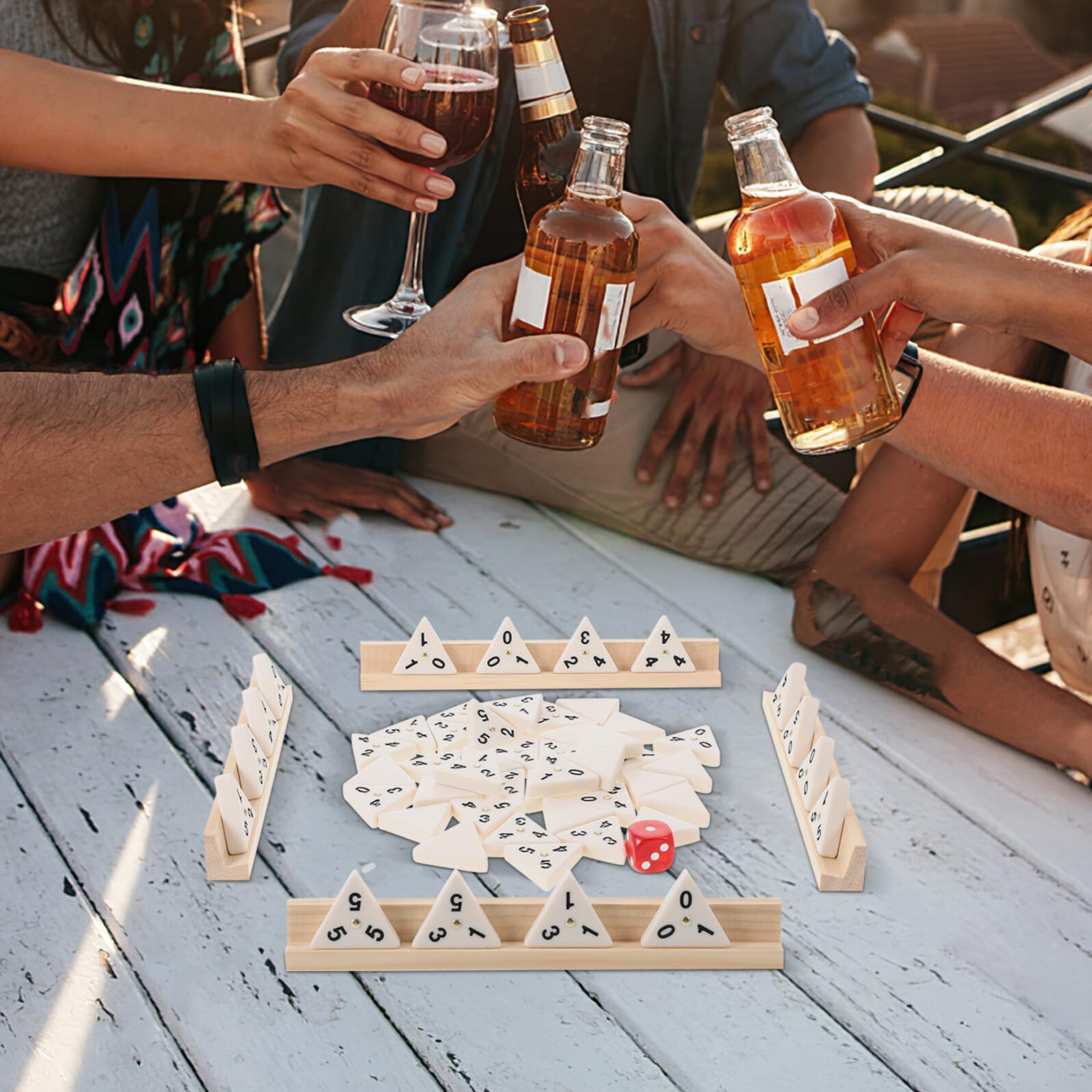 NOLITOY Set da Tavolo Domino per Adulti in Legno con Supporto Triangolare, 56 Tessere Numeriche Compatte 35x35x8mm, Gioco da Tavolo Strategico per Famiglie e Viaggio