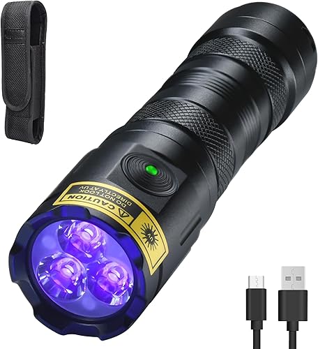 DARKBEAM Linterna UV de 395 nm de luz negra, recargable de 3 LED, potentes linternas ultravioleta USB -C, detector de orina de mascotas, resistente