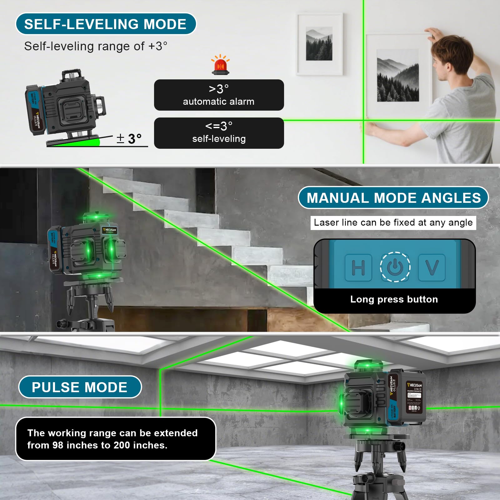 Kreuzlinienlaser mit Stativ, Hecusam LüCkenloser Linienlaser mit 360°-Rotationsfenster, 4 x 360° Laser Level IP54 Wasserwaage, 2 * 4800mAh Akku für Verlegung Bodenfliesen Kreuzlinienlaser Grün kit