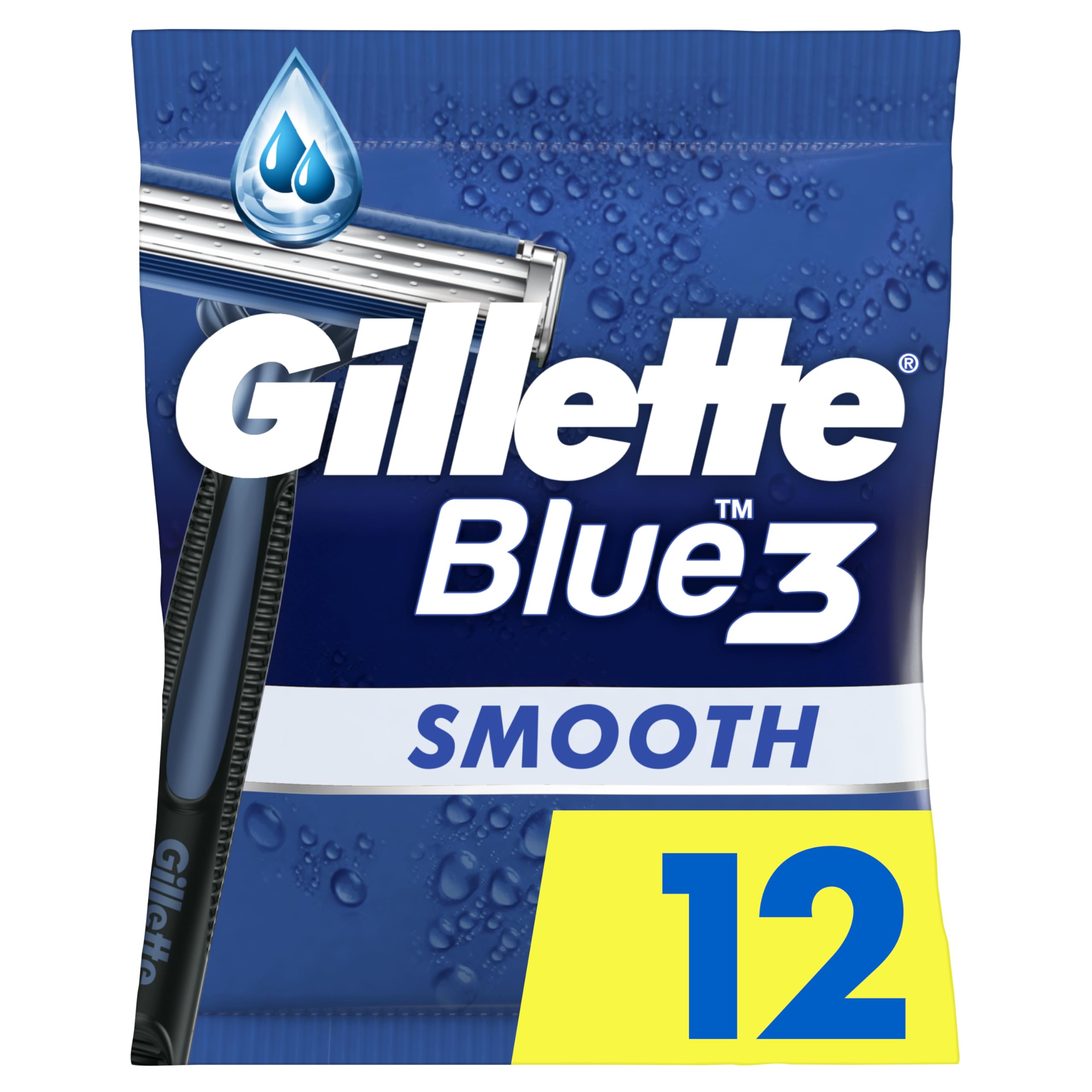 Gillette Blue3 Men's Disposable Razors x12, 3-Blades Razor, 40° Pivoting Head, Lubrastrip
