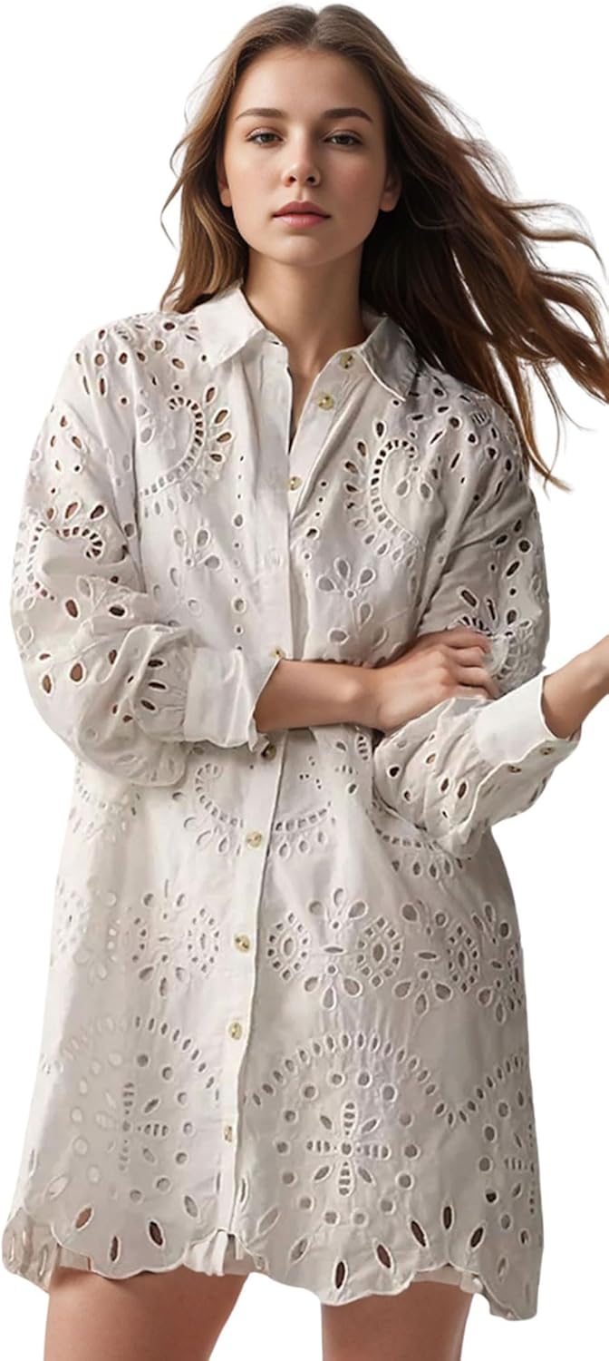 CHARTOU Women Eyelet Lace Dress Button Down Shirt Loose Fit Summer Casual Mini Dress - Image 2