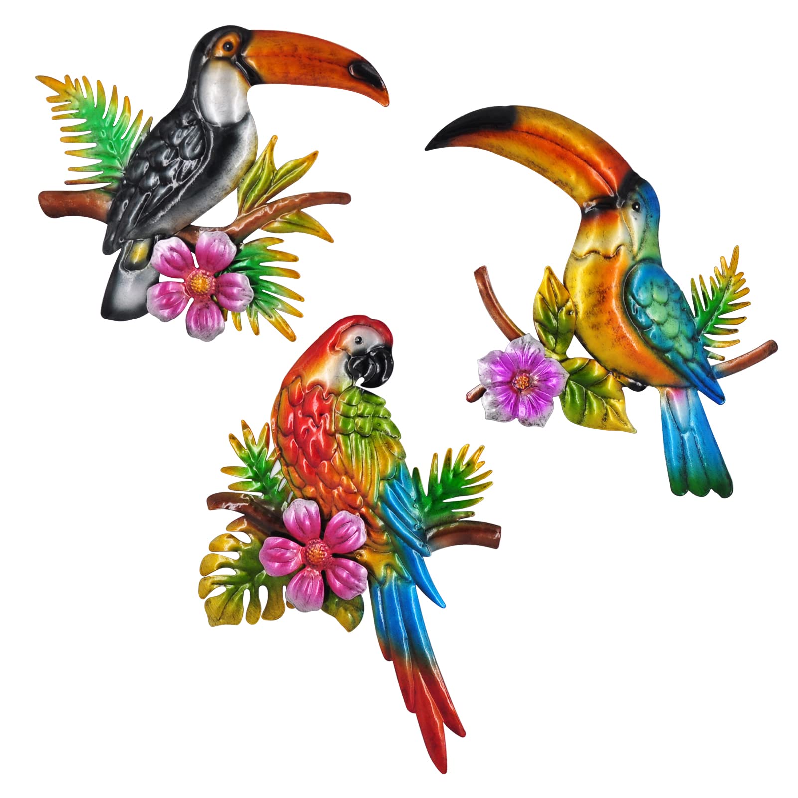 Tuokiuhn Metal Bird Wall Decor Toucan Macaw Decoration Bird Wall Art Tropical Wall Art Suitable for Outdoor Fence Patio Wall Decorations Set of 3