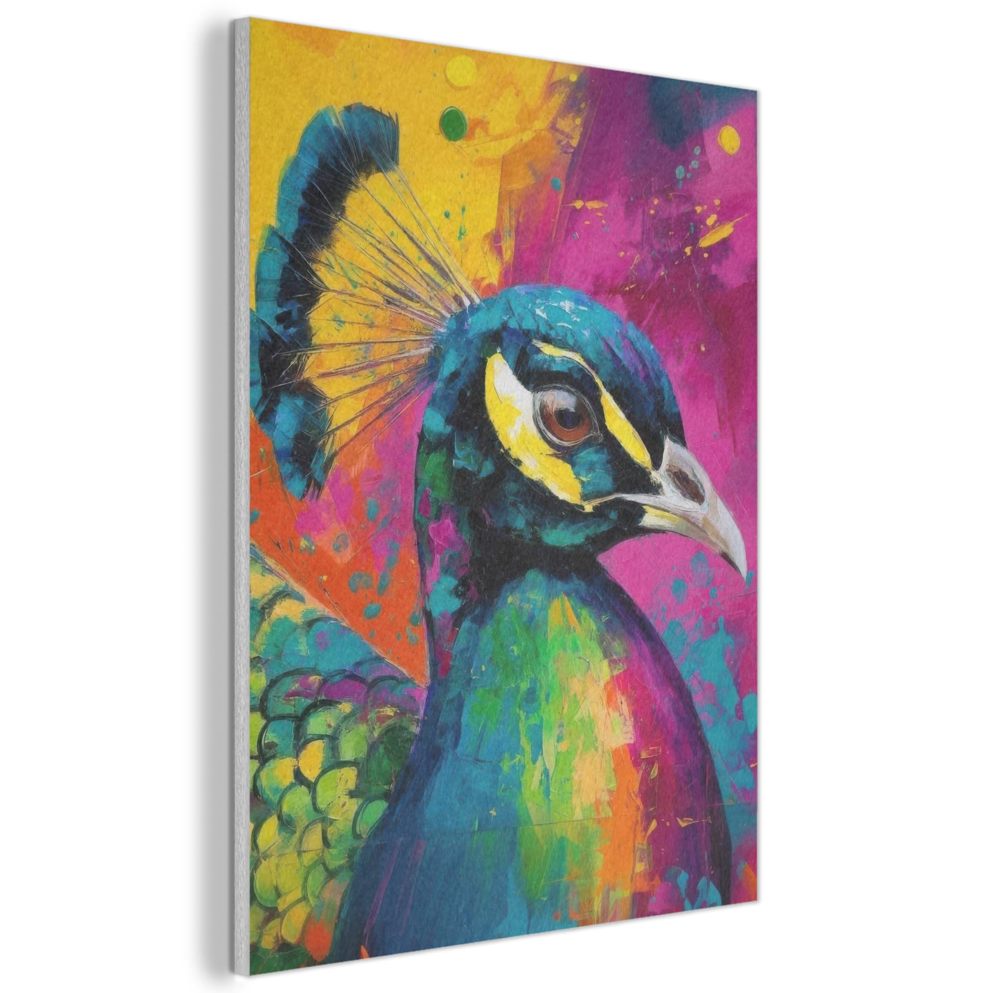 MuchoWow© Felt Panel 70x100 cm Framed Design Print Accent Interior Wallart Decoration Wall Art Peacock - Feathers - Splashes of paint - Purple