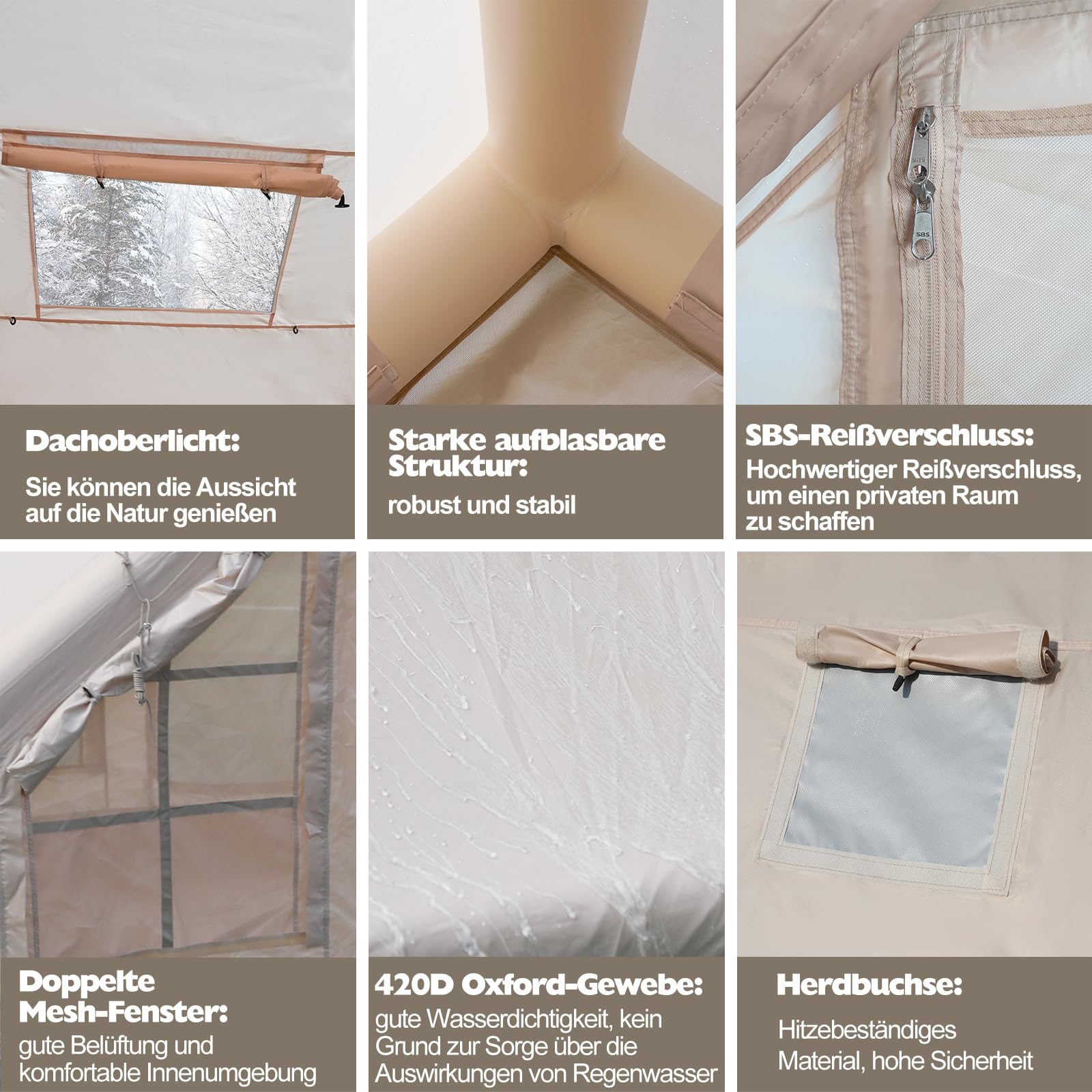 Tienda de campaña hinchable con bomba, 420D Oxford Glamping, tienda inflable para camping con chimenea y claraboya, 4 temporadas, ventana de malla, puertas para 4-6