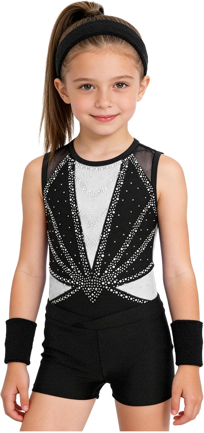 Hansber Gymnastics Leotards for Girls 4 Piece Sleeveless Dance Biketard Unitard with Shorts Scrunchies Wristbands Set