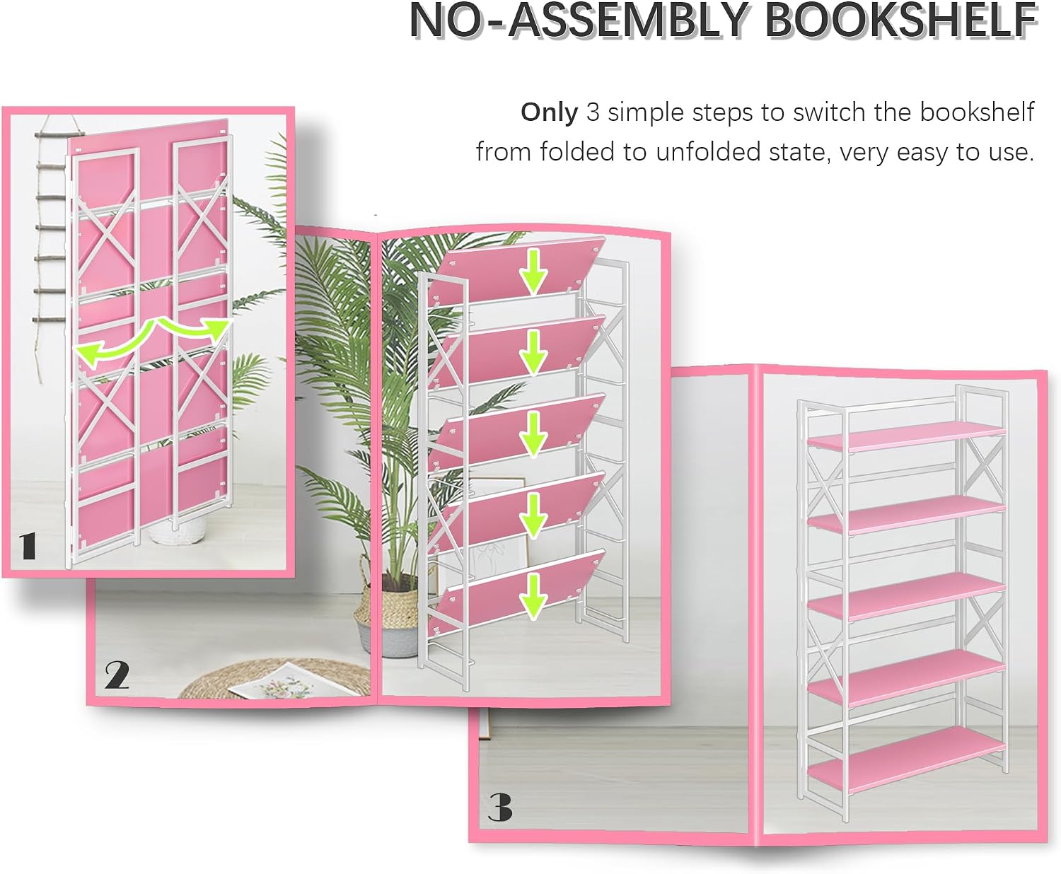  Extra Wide 5 Tiers No Assembly Book Shelves, 51.2" H Folding Bookshelf Bookcase Open Industrial Foldable Shelves for Bedroom, Living Room, Home Office - Pink White thumbnail