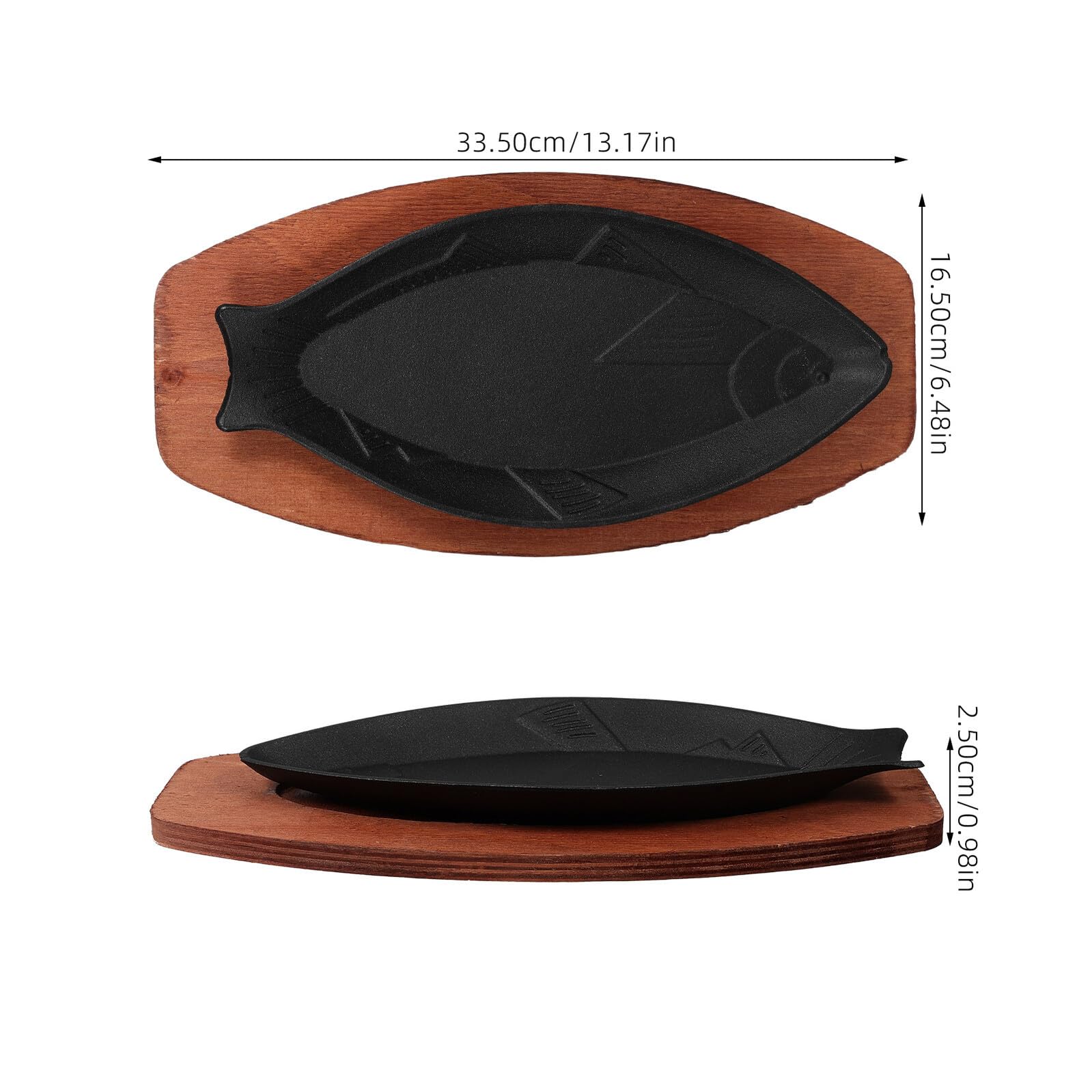 Plato para Freír Barbacoa Forma de Pescado Negro de Hierro | Bandeja de Madera Incluida, Diseño Portátil, Acabado en Negro, Pieza de Cocina para Asar