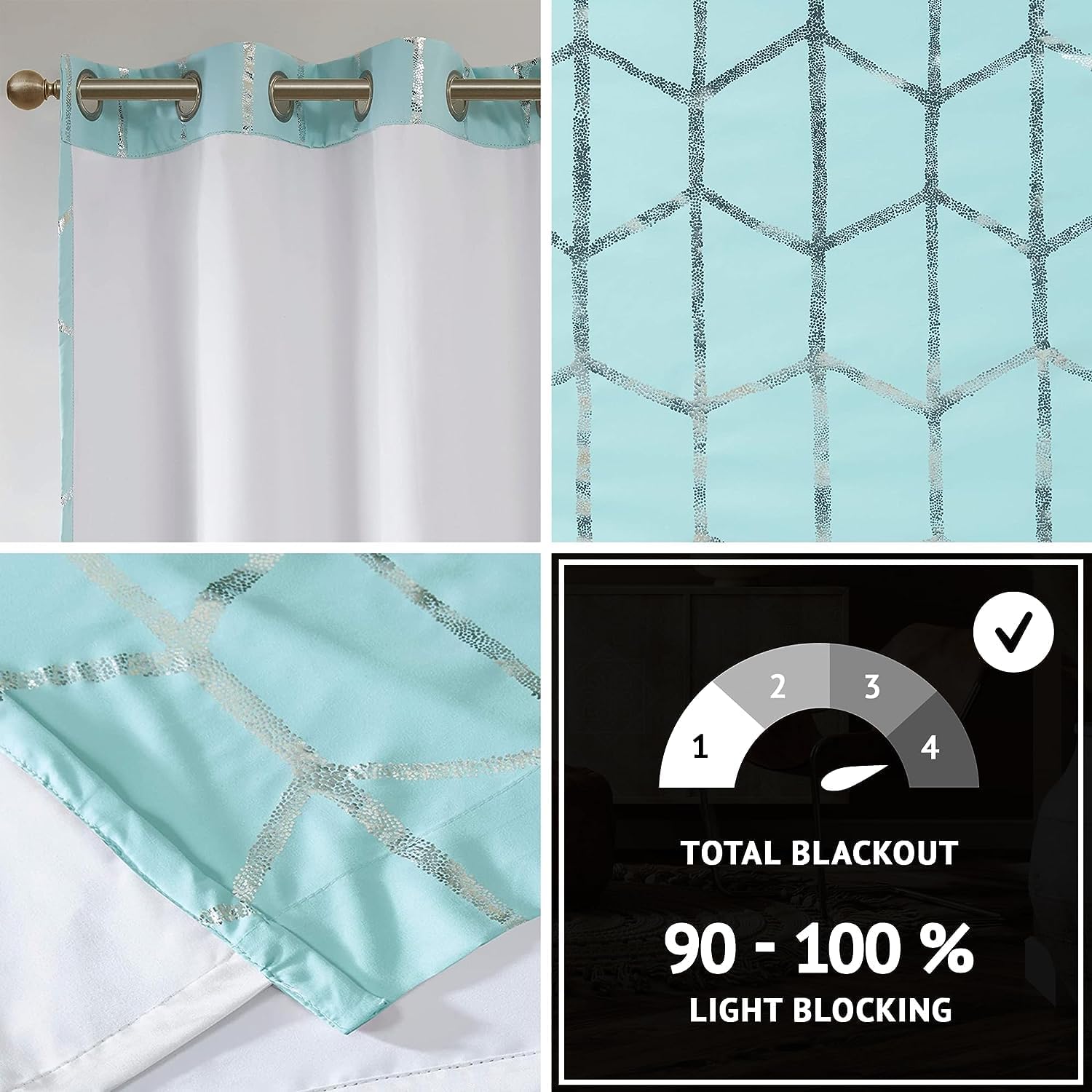 Intelligent Design Blackout Window Curtain, Light Blocking Curtains for Living Room, Thermal Insulated Window Panel with Metallic Print and Grommet Top, 50"x84", Aqua/Silver, 1 Piece