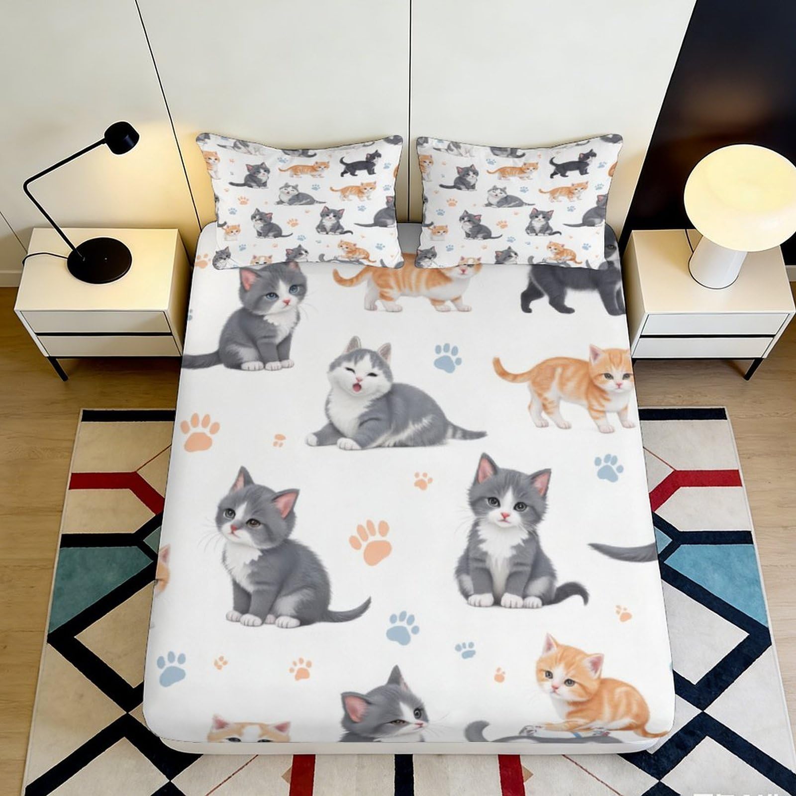 Pnayamiorkfel Style-9 3D Printed Grey Tabby Cat Fitted Sheet Microfiber Soft Orange Kitten Mattress Cover For Bedroom Living Room Dorm Mattress Protection Decor 90X200x25cm