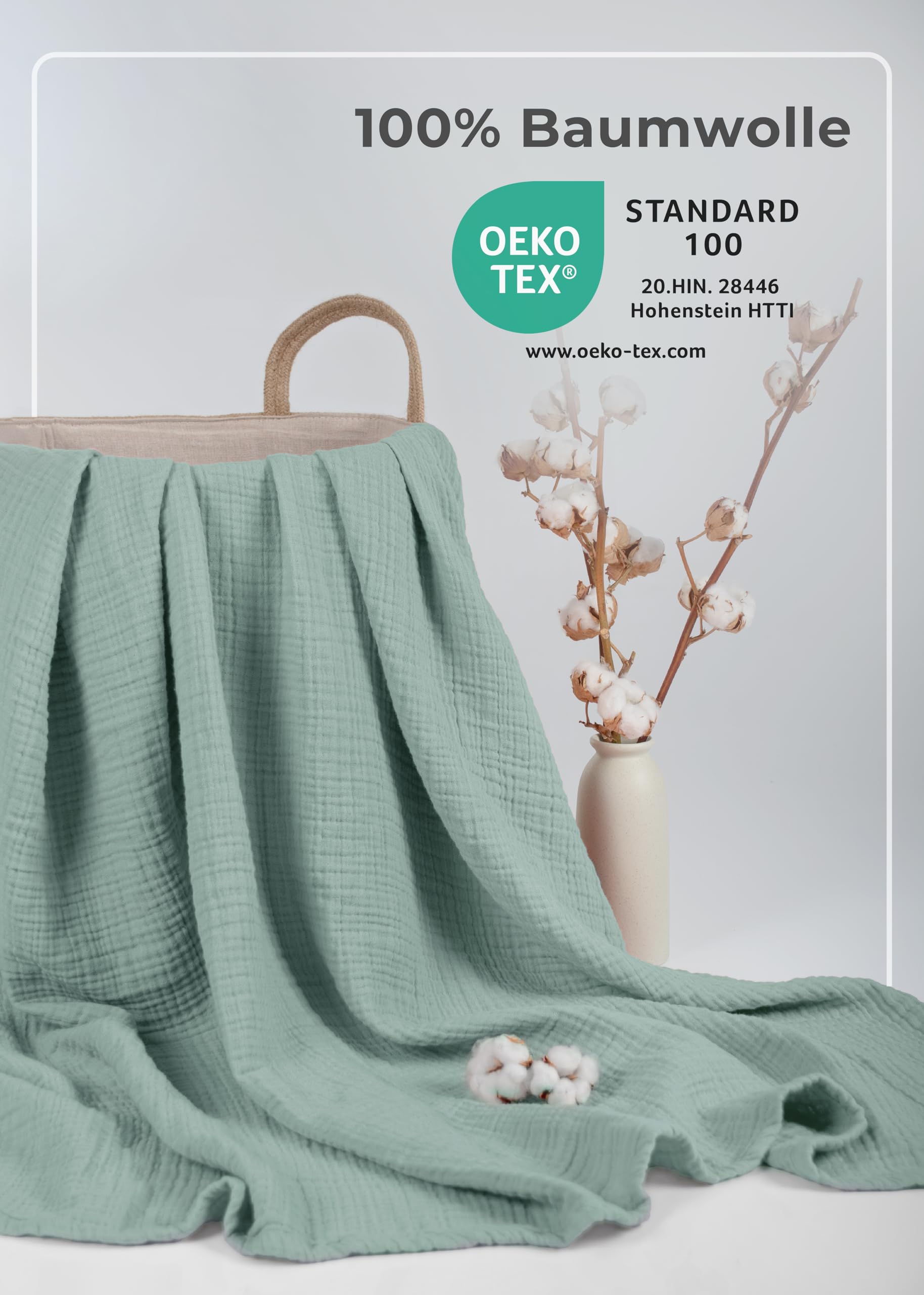 LAYNENBURG Premium Musselin Babydecke 120x120cm – 4 lagige Decke aus 100% Baumwolle - Oeko-TEX 100 - Kuscheldecke oder Schlafdecke, Pucktuch, Spucktuch für Baby, Neugeborene & Kinder (mintgrün)