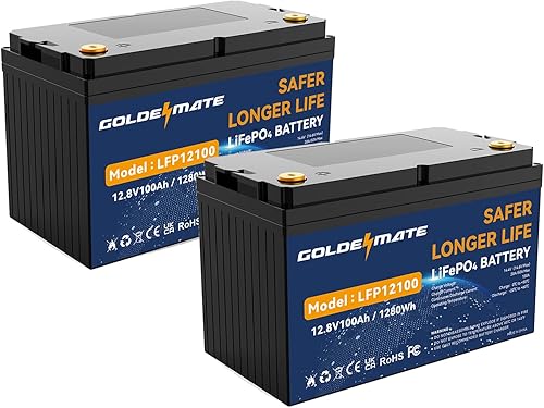 GOLDENMATE Batería de litio LiFePO4 de 12 V 100 Ah (paquete de 2), hasta 15000+ baterías recargables de ciclo profundo, BMS integrado de 100 A,