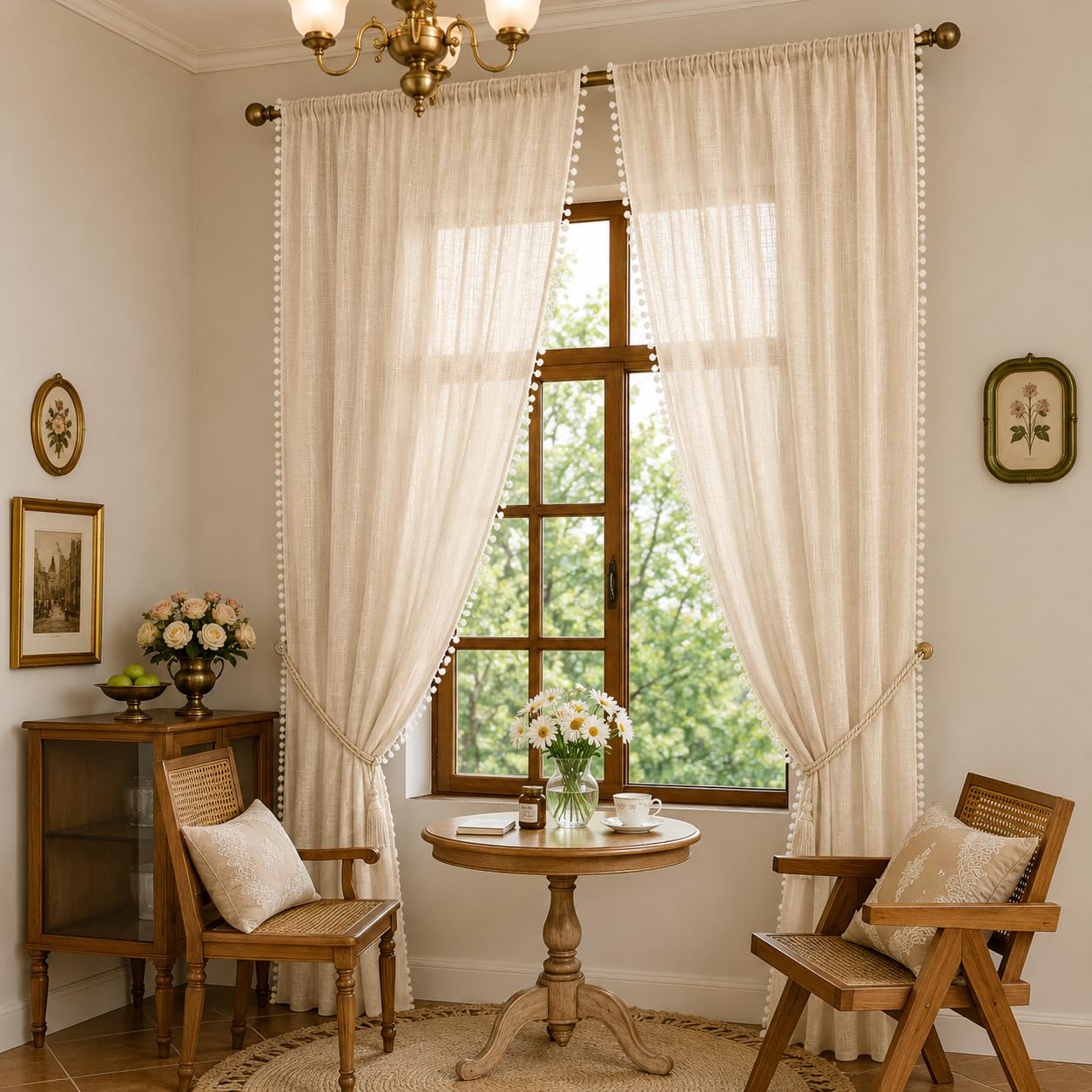 THE LINEN COMPANY Net Curtains Cotton Curtains with Pom Pom Lace Rod Pocket Sheer Curtains Light Filtering Curtains for Window Curtains Living Room Natural 7 Ft Pack of 2