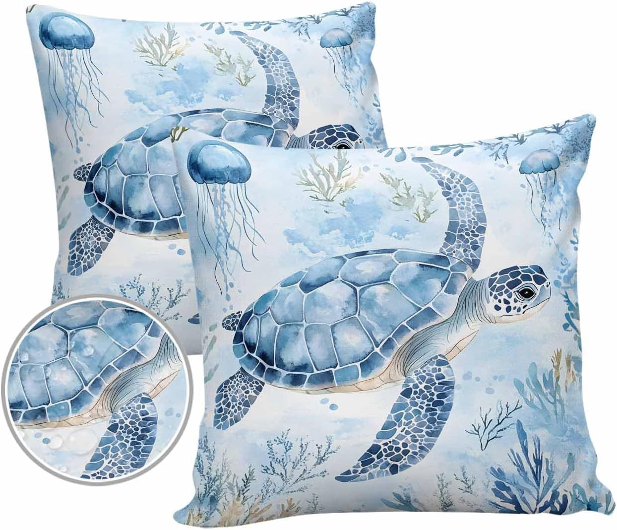 Summer Ocean Waterproof Outdoor Pillow Covers 24x24 inch, Blue Turtle Jellyfish Polyester Throw Pillow Covers Garden Cushion Decorative Pillowcases for Patio Couch Decoration