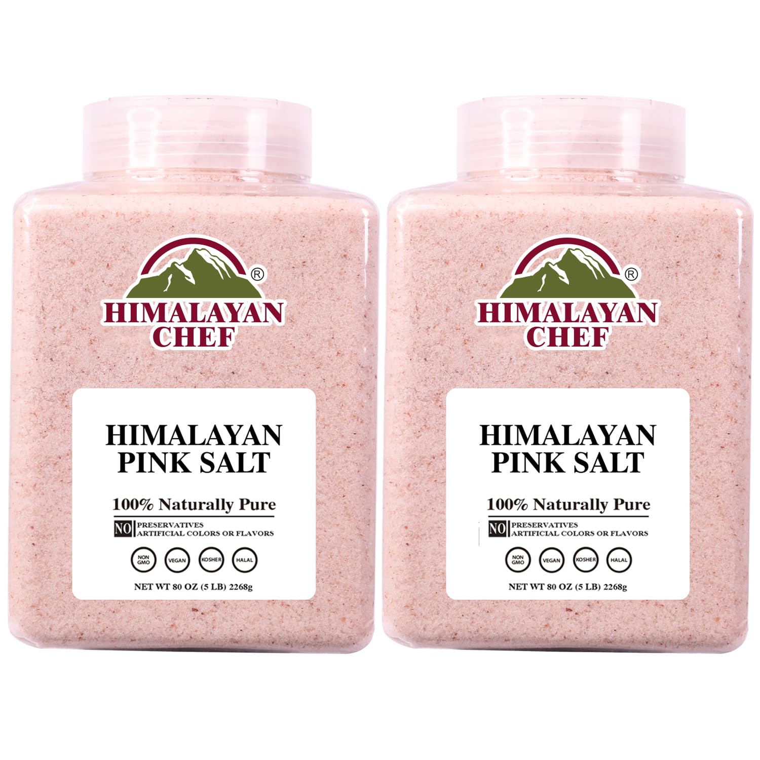 Himalayan Chef Pink Himalayan Salt, Fine Grain - 5 lbs, Organic Food Graded Pink Salt with 84 Rich Minerals, Vegan, Kosher, Non-GMO & Halal Certified, Pack of 2